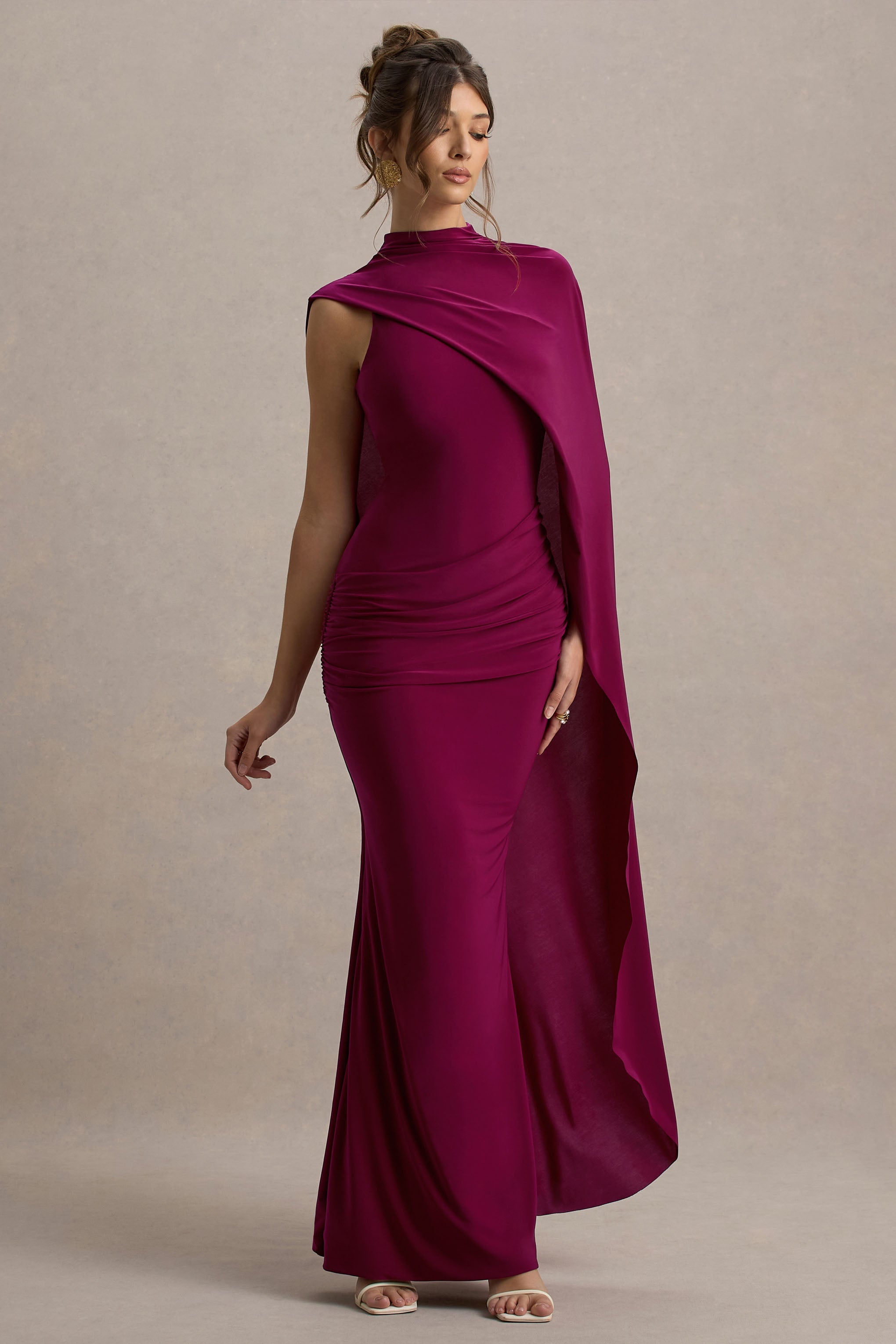 Maeve | Bordo Kape Kollu Drapeli Maxi Elbise