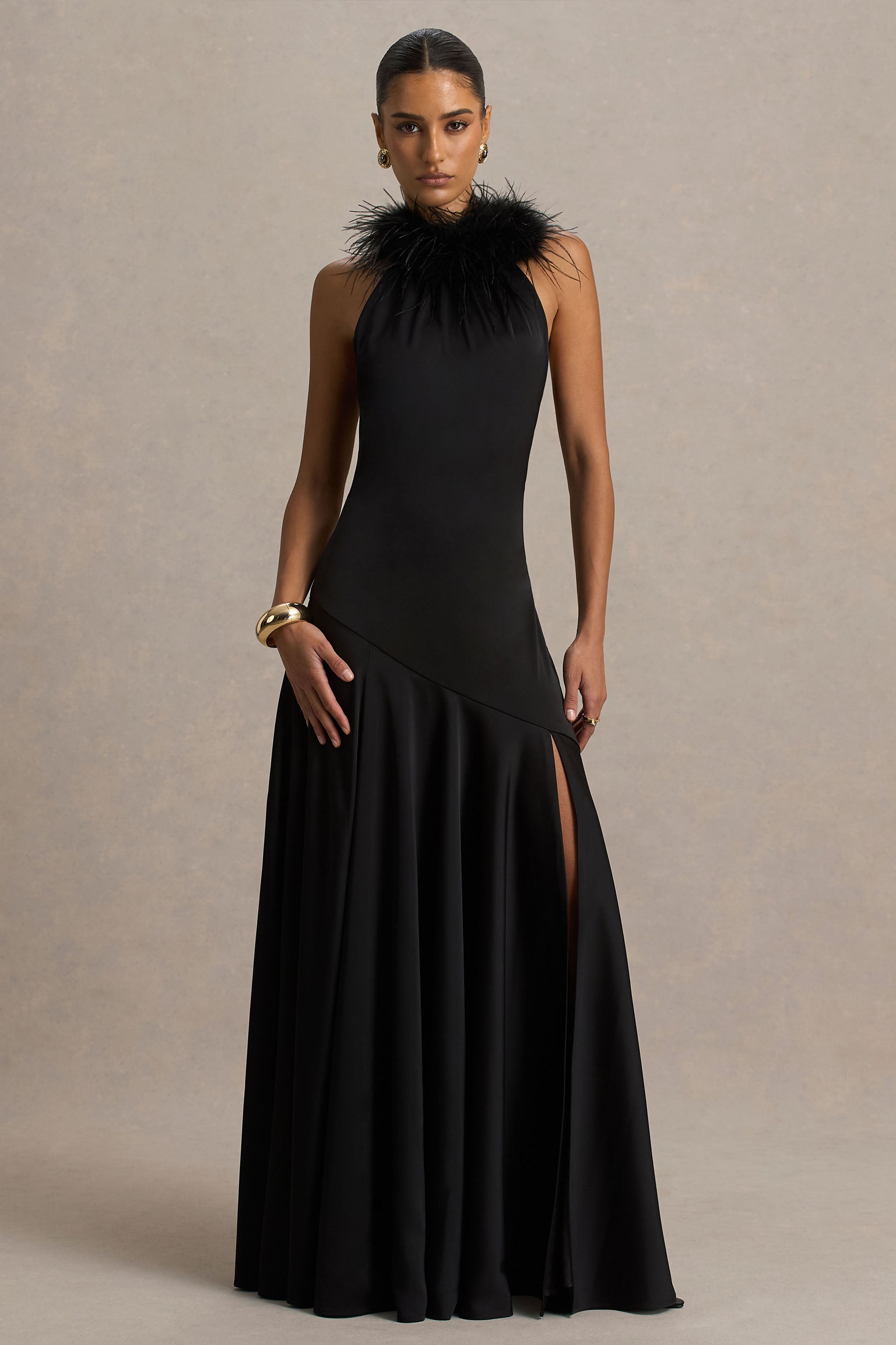 Jemima | Saten Halter Yaka Maxi Elbise Tüy Detaylı