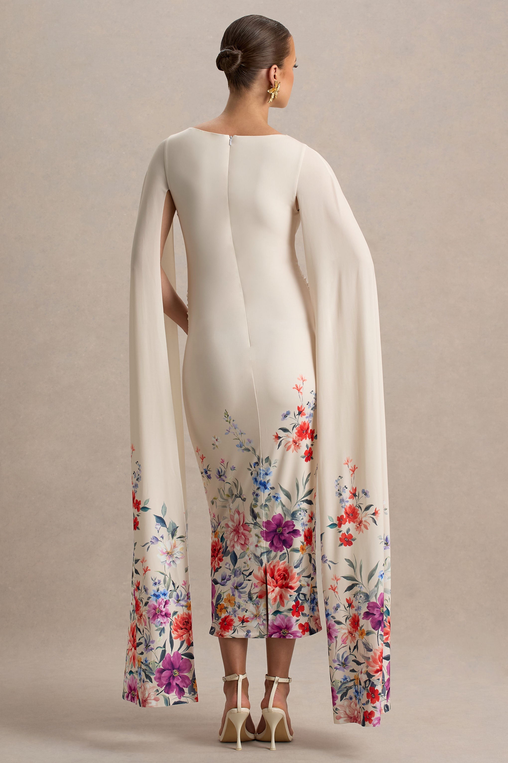 Providence | Işık Pembe Çiçek Desenli Bot Yaka Hamile Midi Elbise, Pelerin Kol