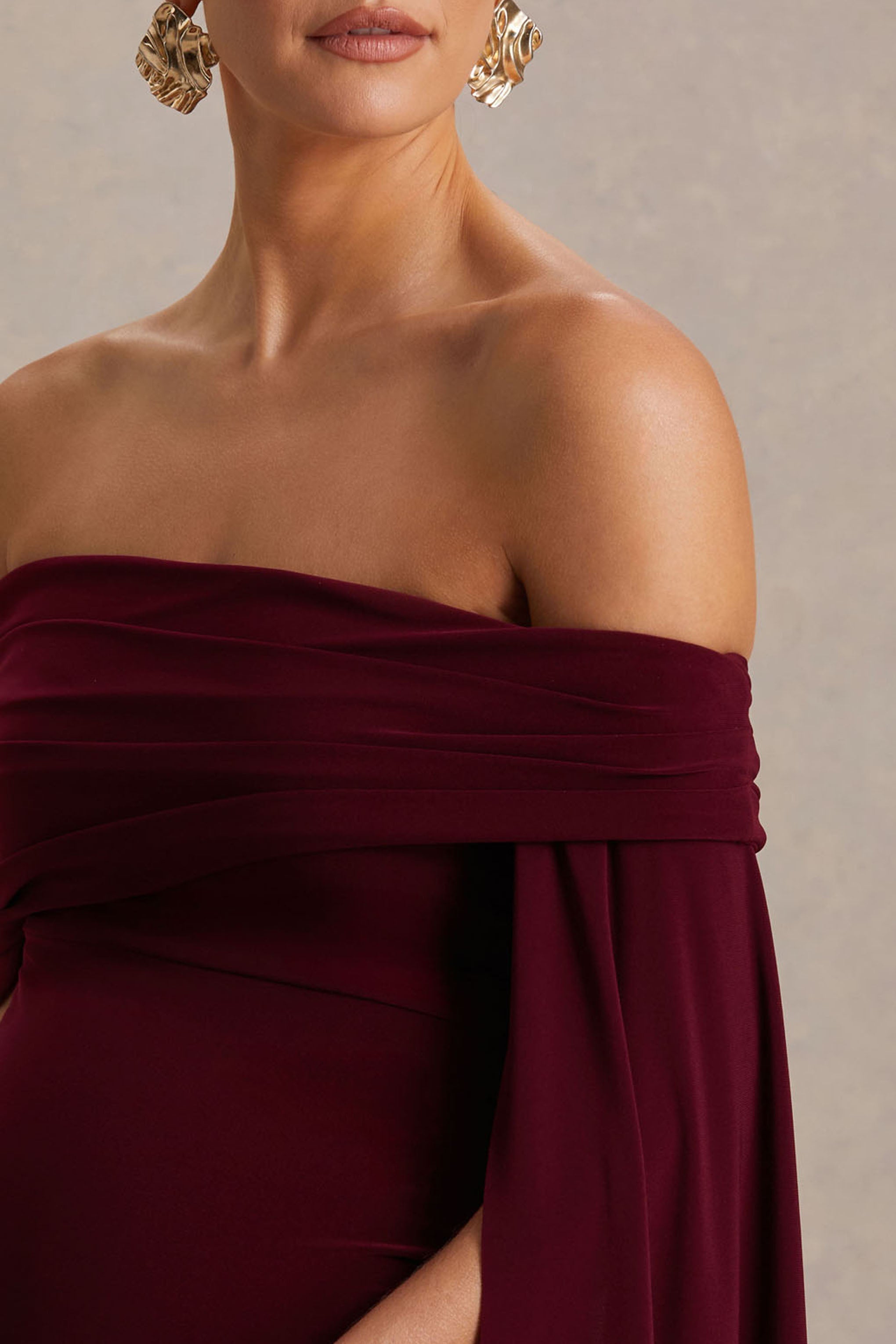Aquila | Bordo Bardot Hamile Maxi Elbise Drape Kol ile