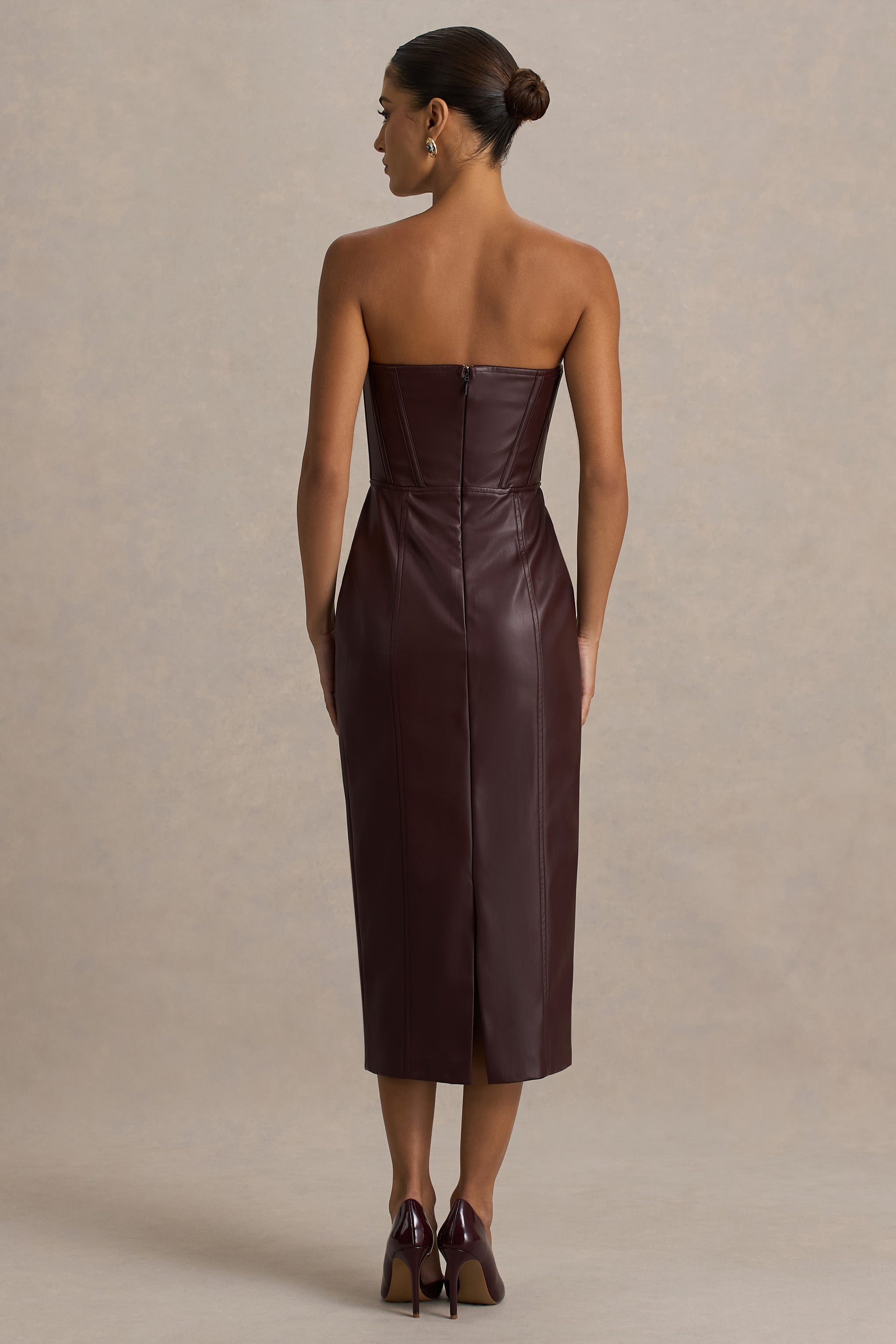 Zola | Bordo Suni Deri Bandeau Midi Elbise