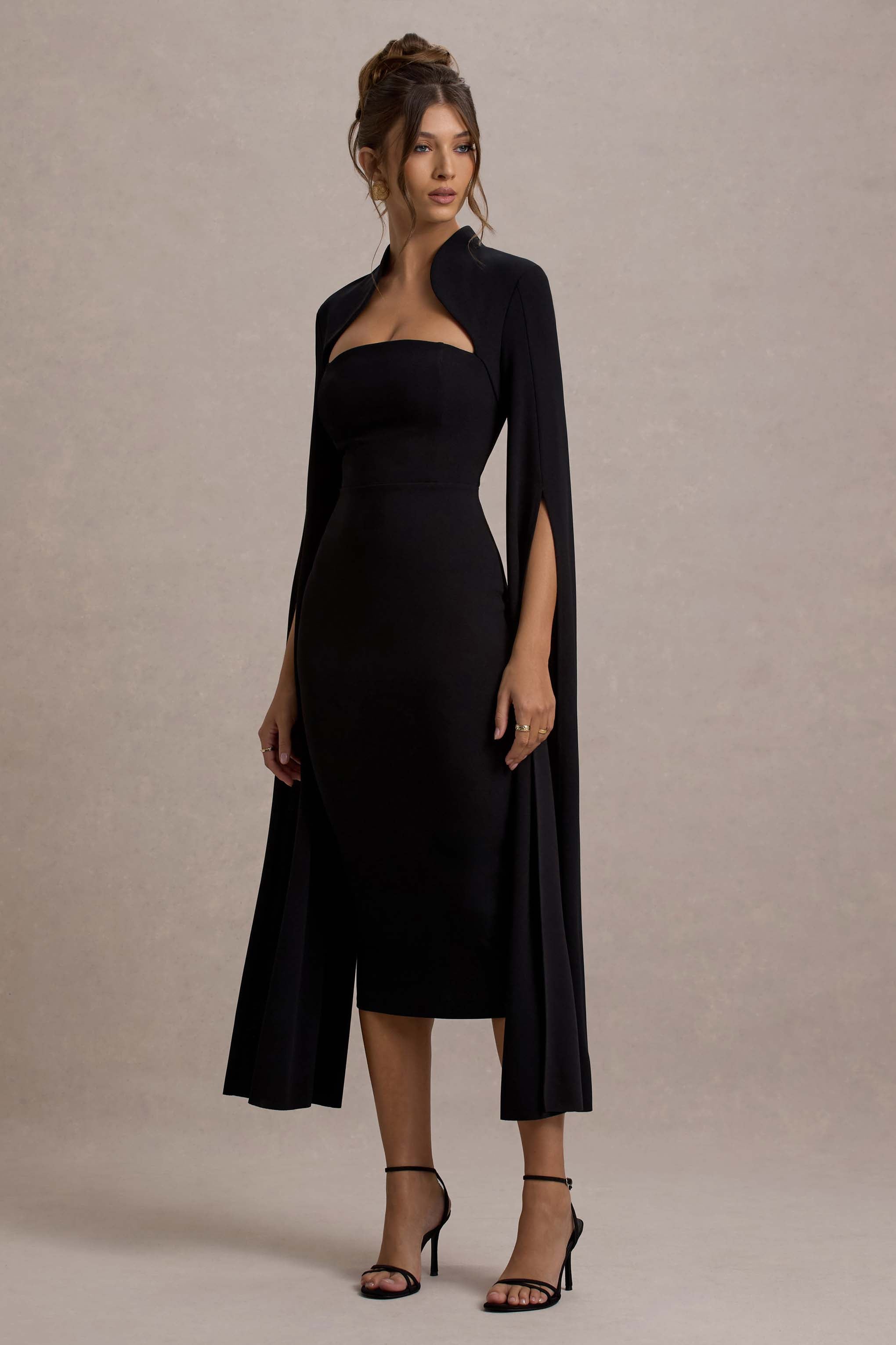 Linden | Siyah Bodycon Kapağı Kısa Midi Elbise