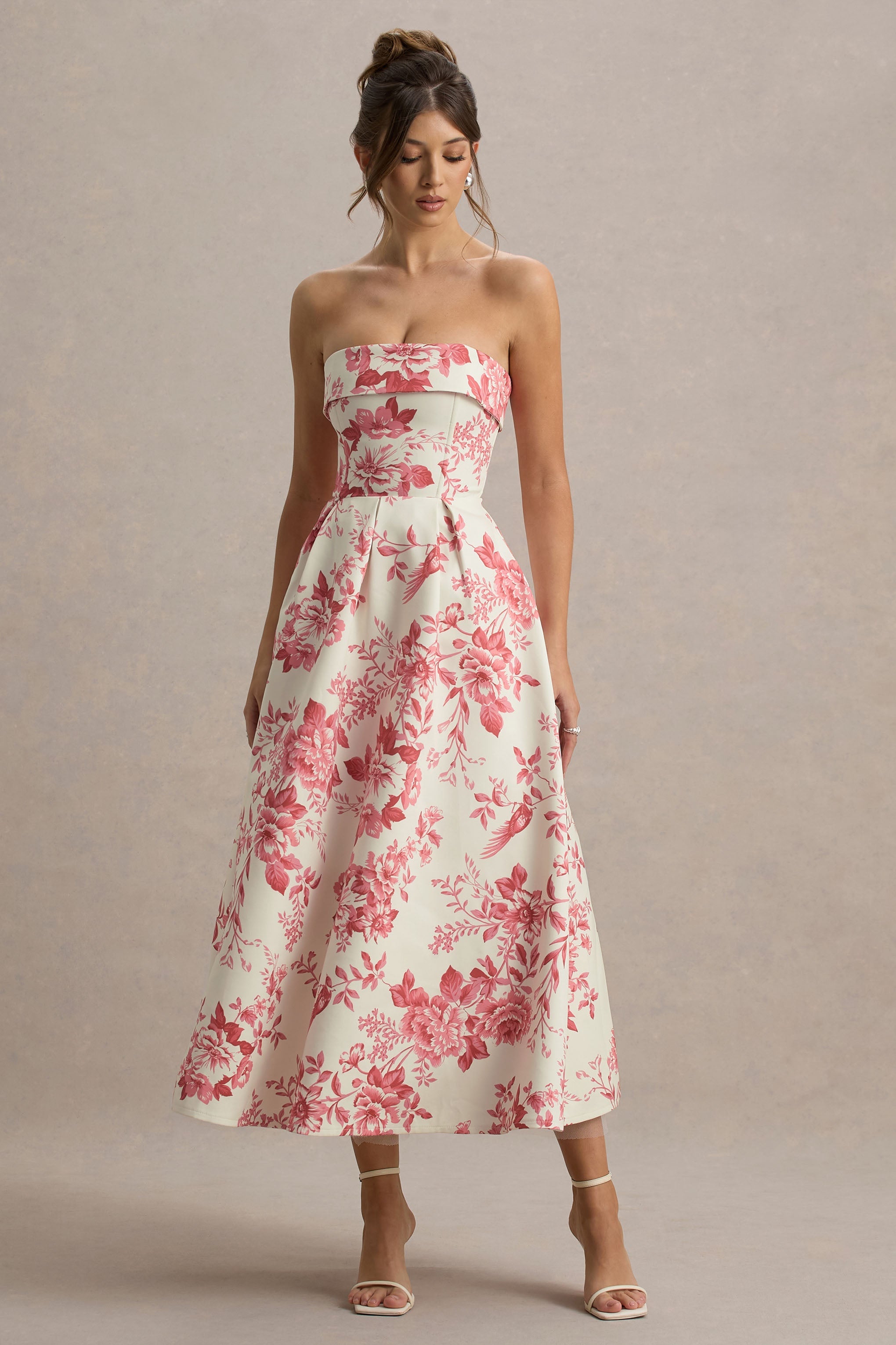 Annalise | Pembe Porselen Desenli Bandeau Skater Midi Elbise