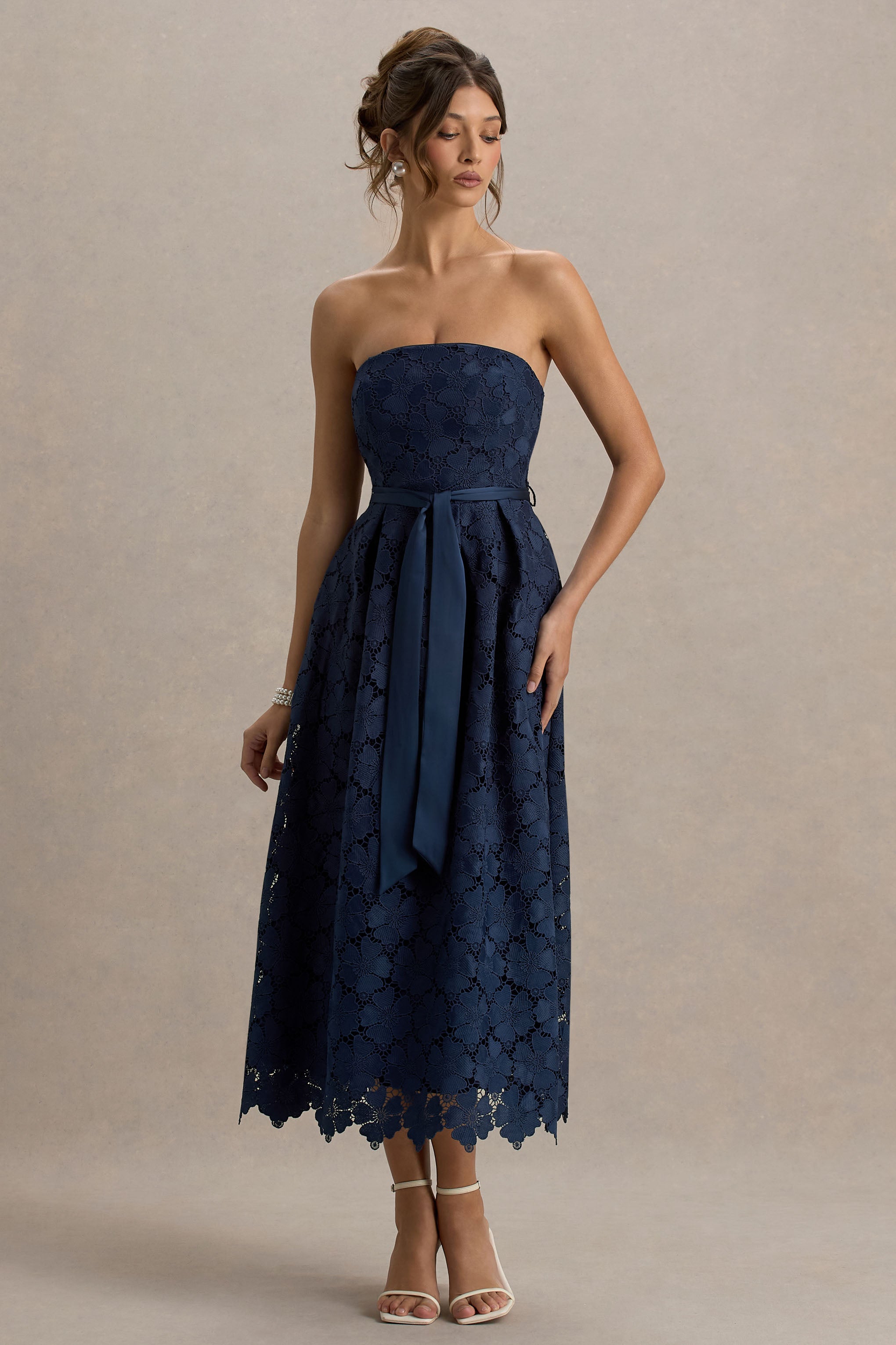 Shania | Lacivert Dantel Bandeau Skater Midi Elbise