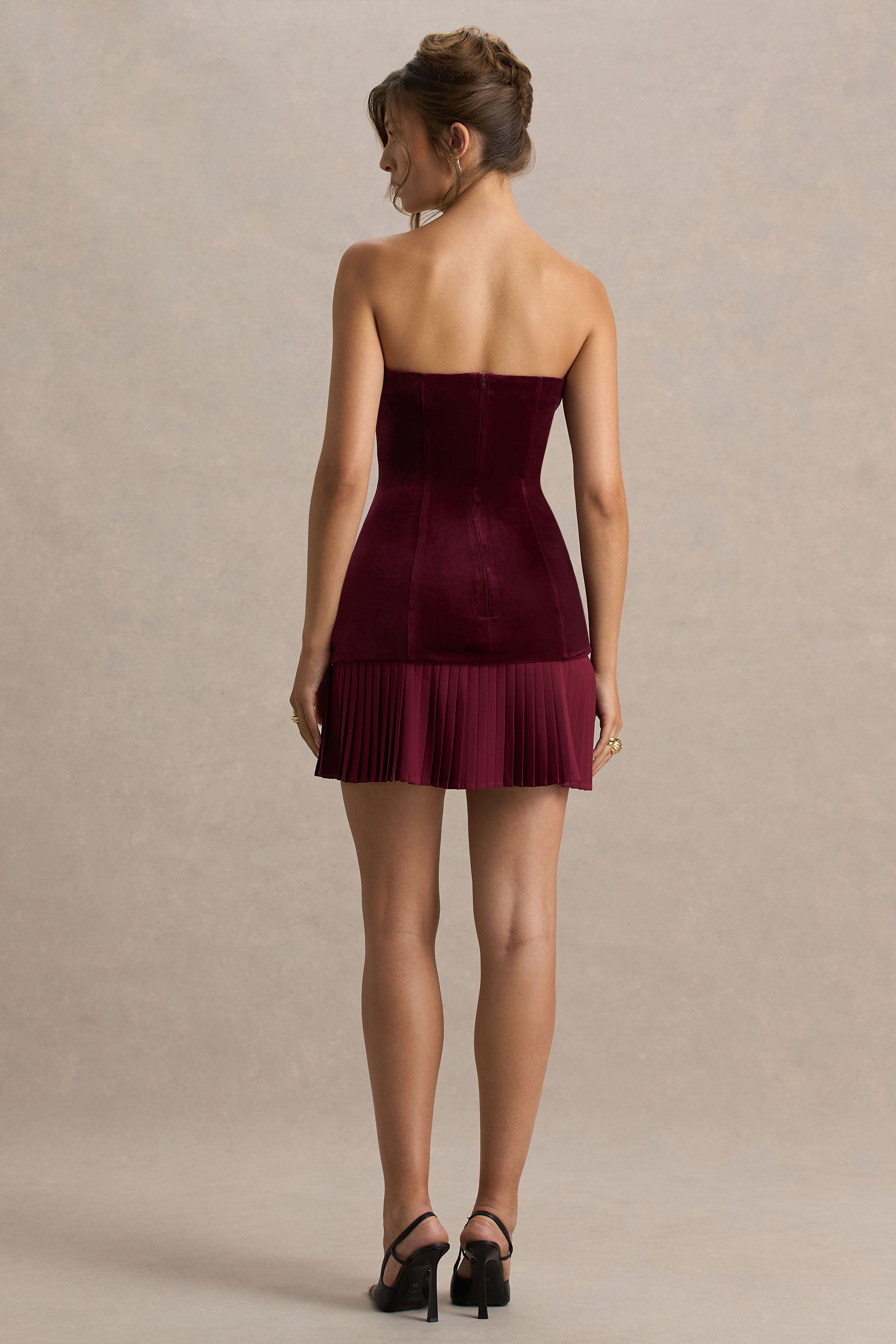 Valentina | Bordo Bandeau Kadife Mini Elbise Fırfırlı Detaylarla