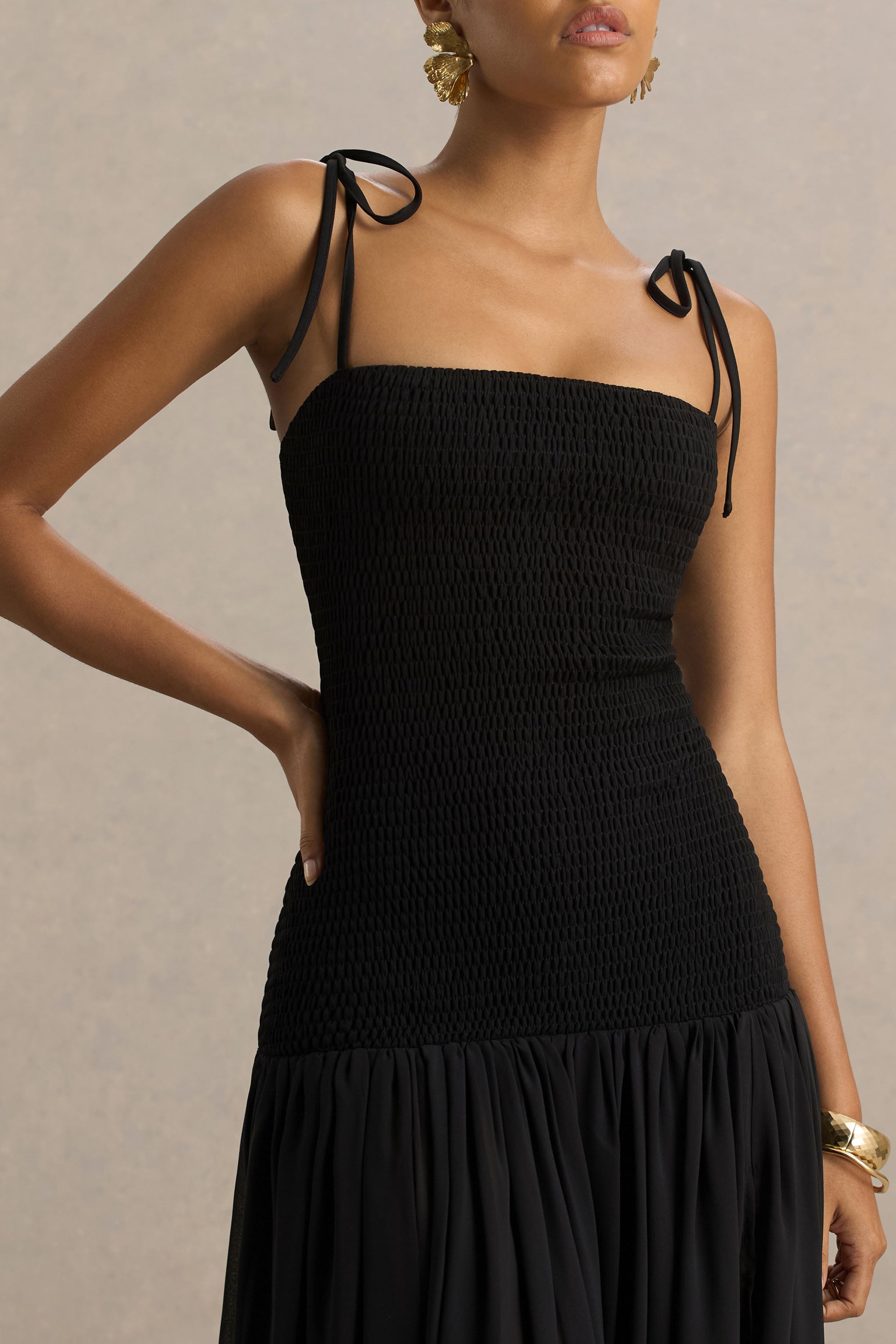 Maeva | Siyah Kare Yaka Fishtail Maxi Elbise Fırfır Detaylı