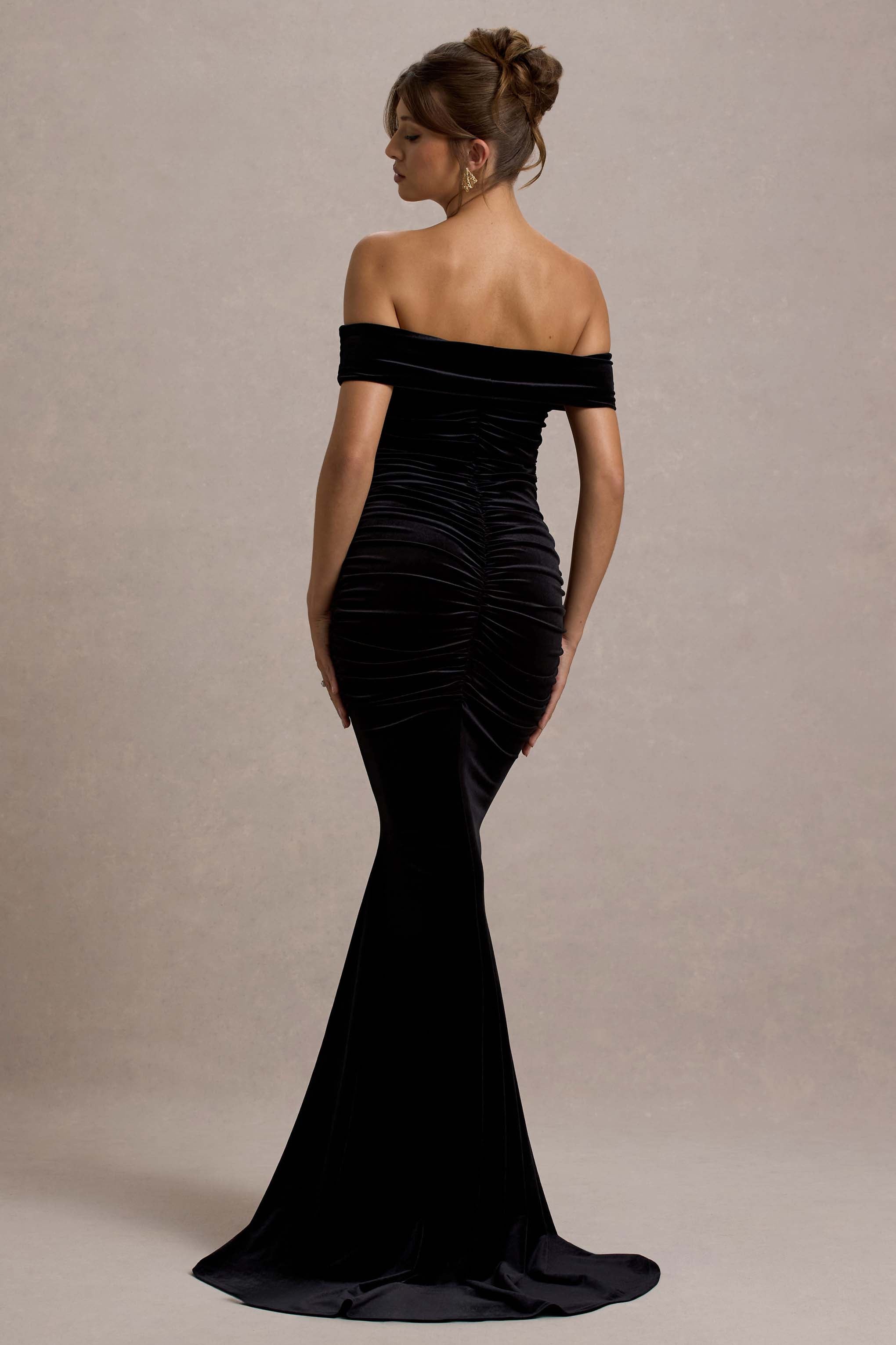 Apolline | Siyah Kadife Off The Shoulder Ruching Fishtail Maxi Elbise