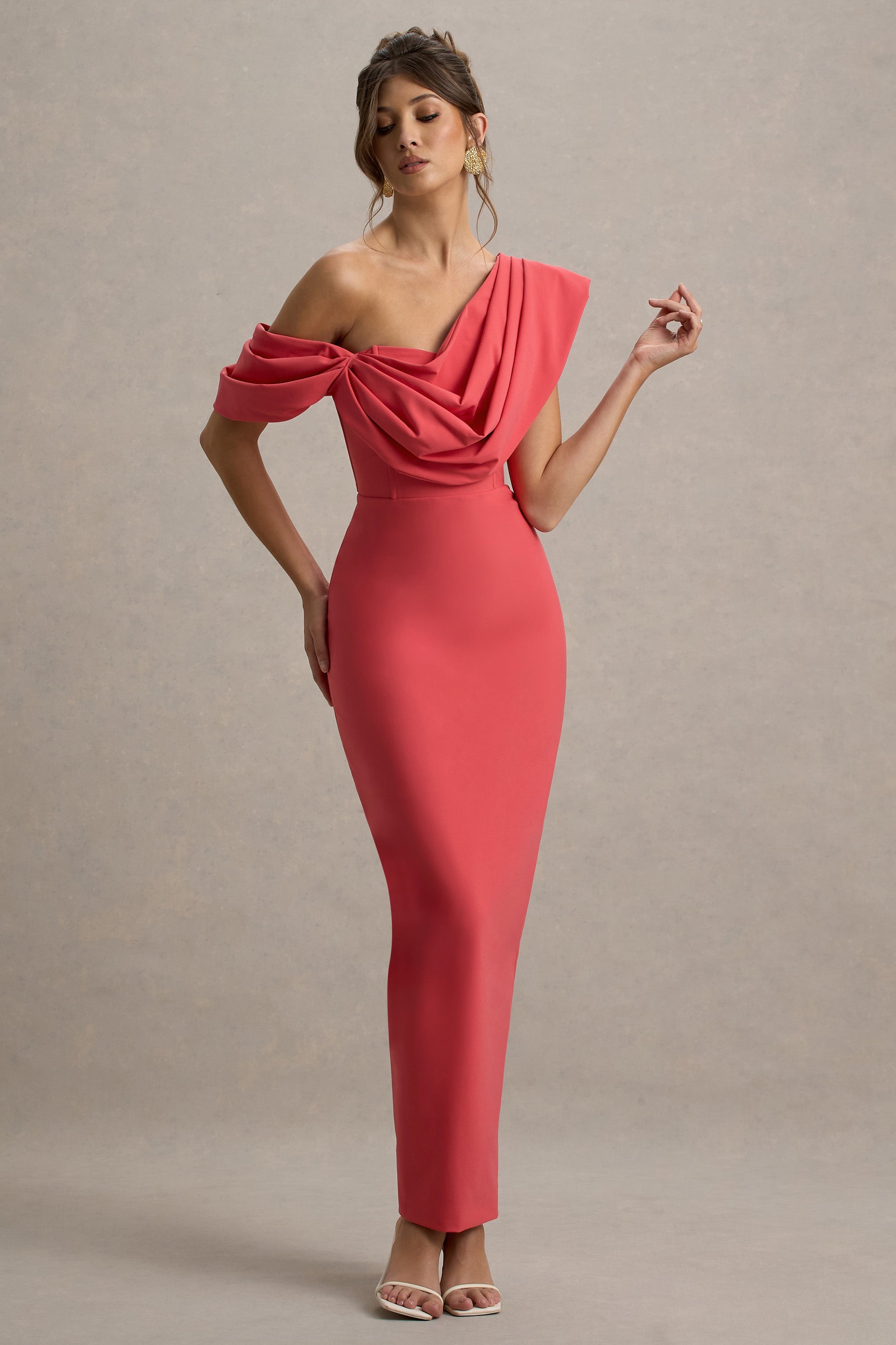 Angelina | Pembe Drapeli Omuz Maxi Elbise