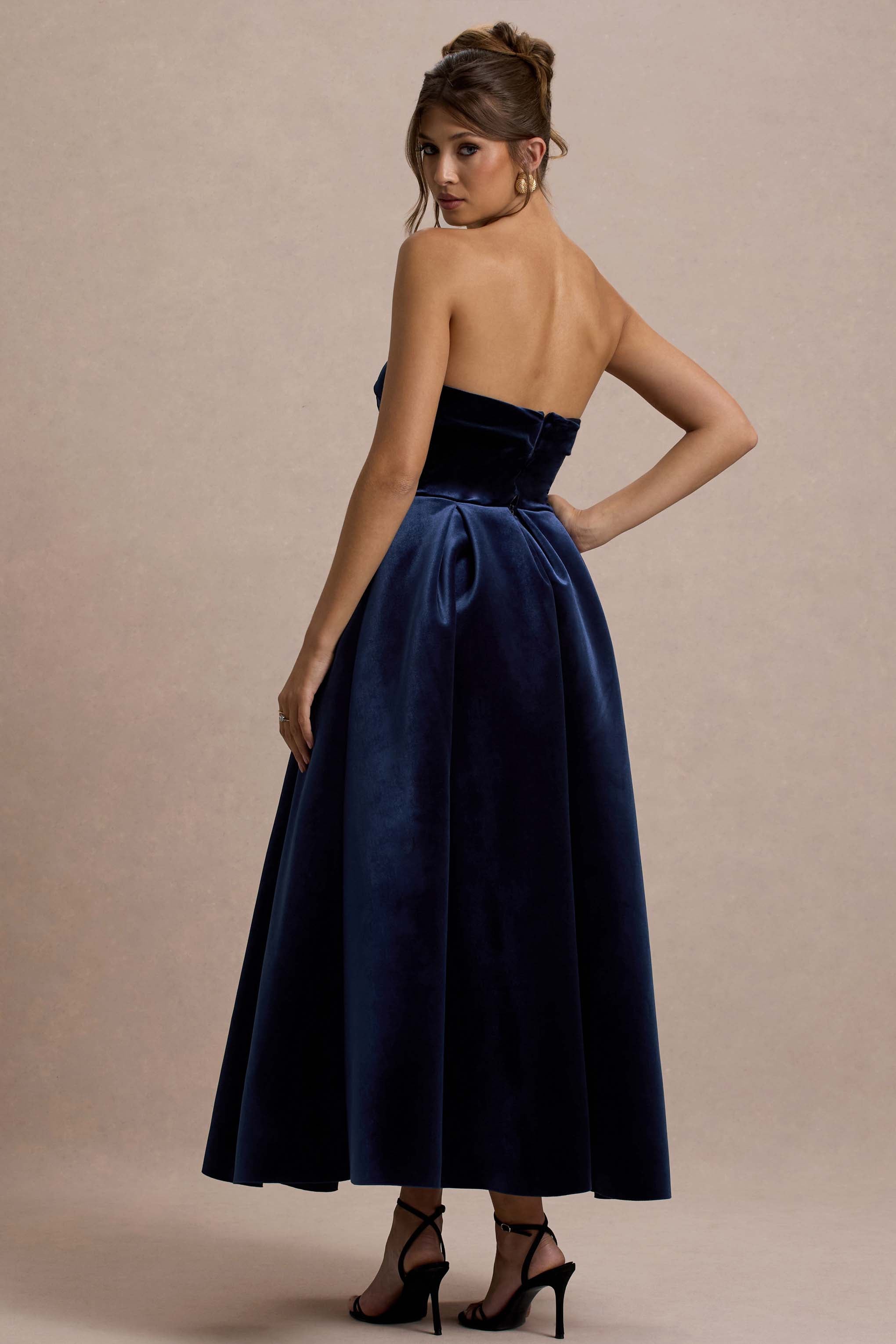 Addina | Lacivert Kadife Bandeau Midi Elbise