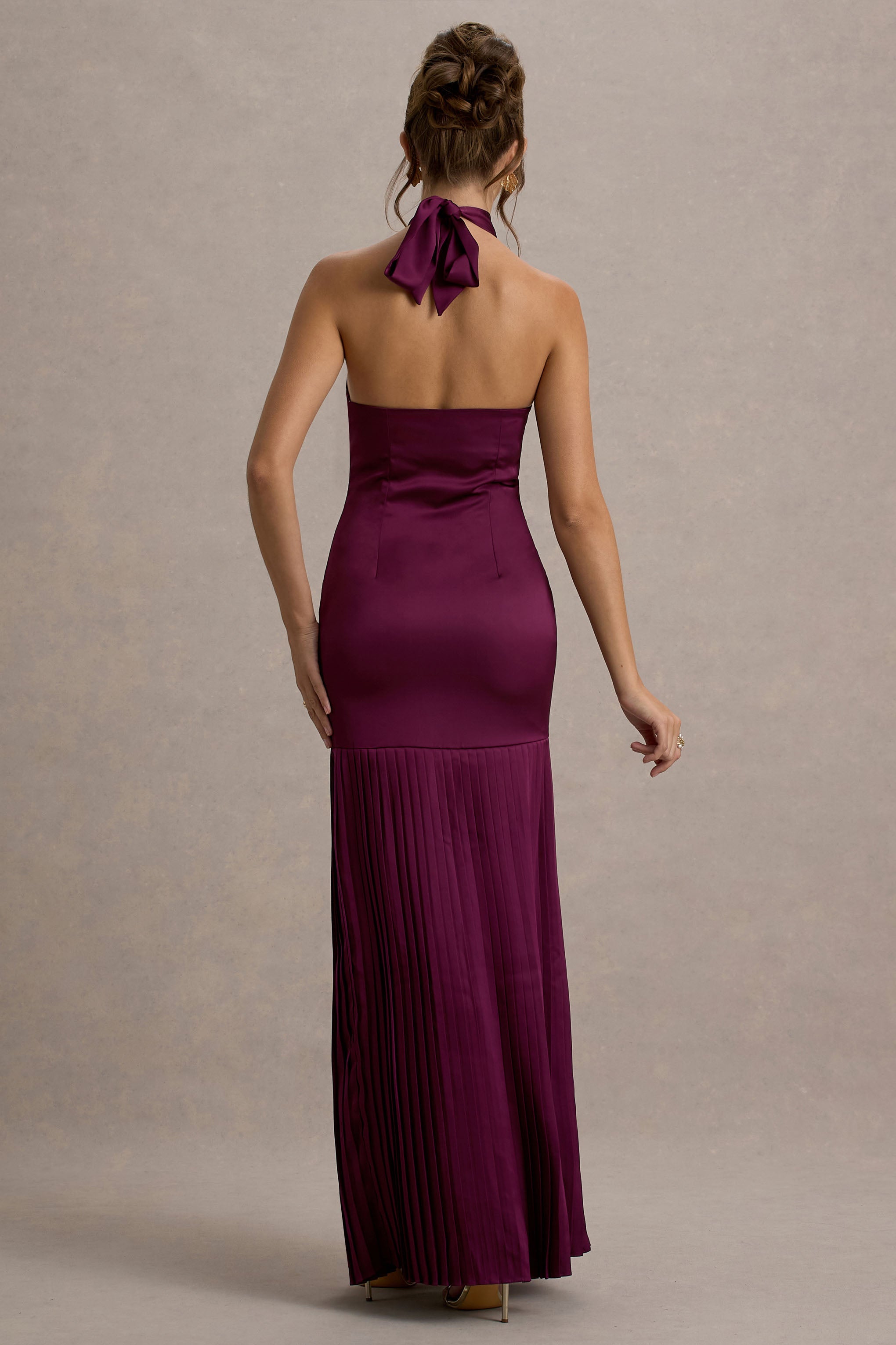 Sansa | Bordo Saten Çapraz Halter Yaka Plise Maxi Elbise