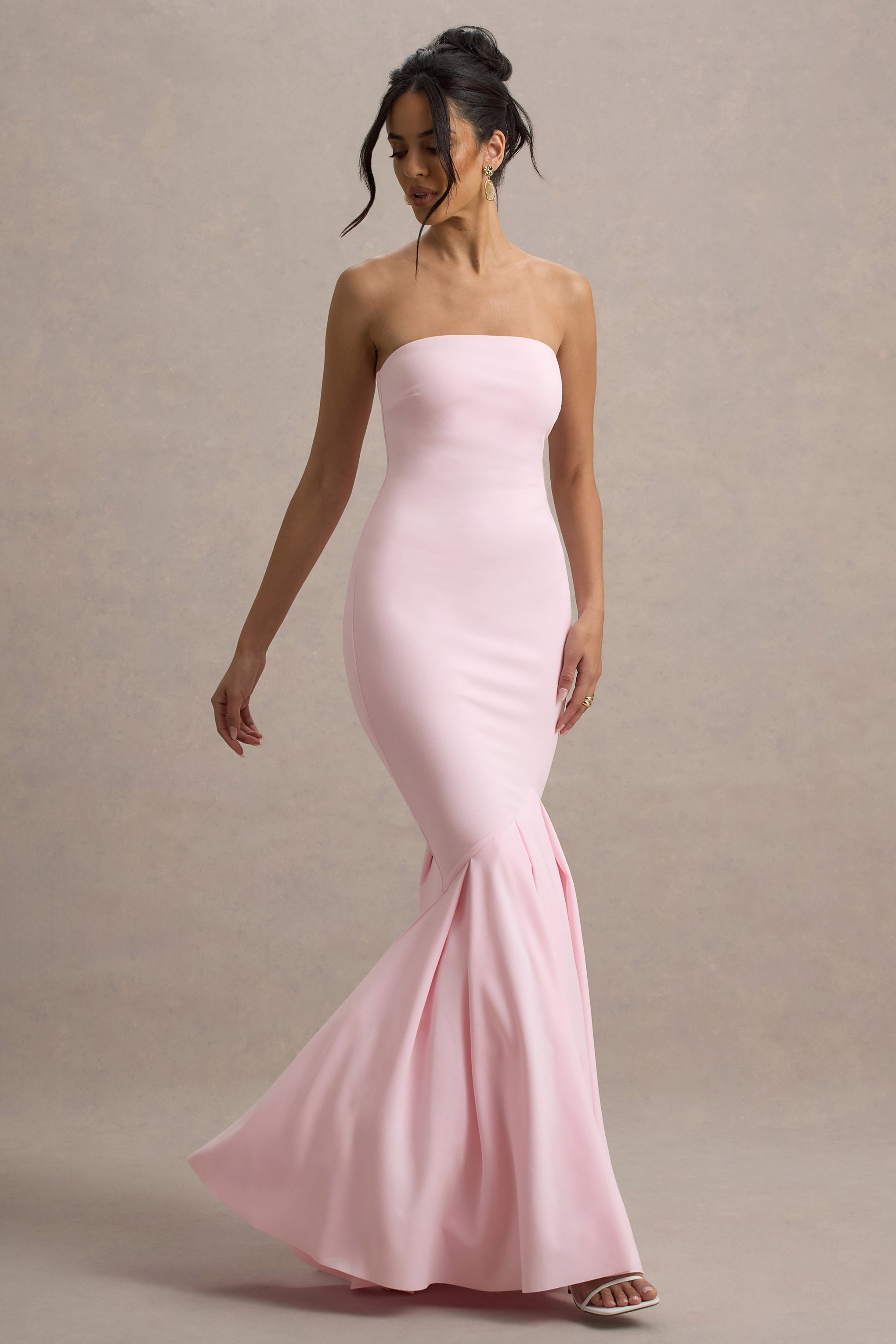 Angela | Pembe Bandeau Kuyruklu Maxi Elbise