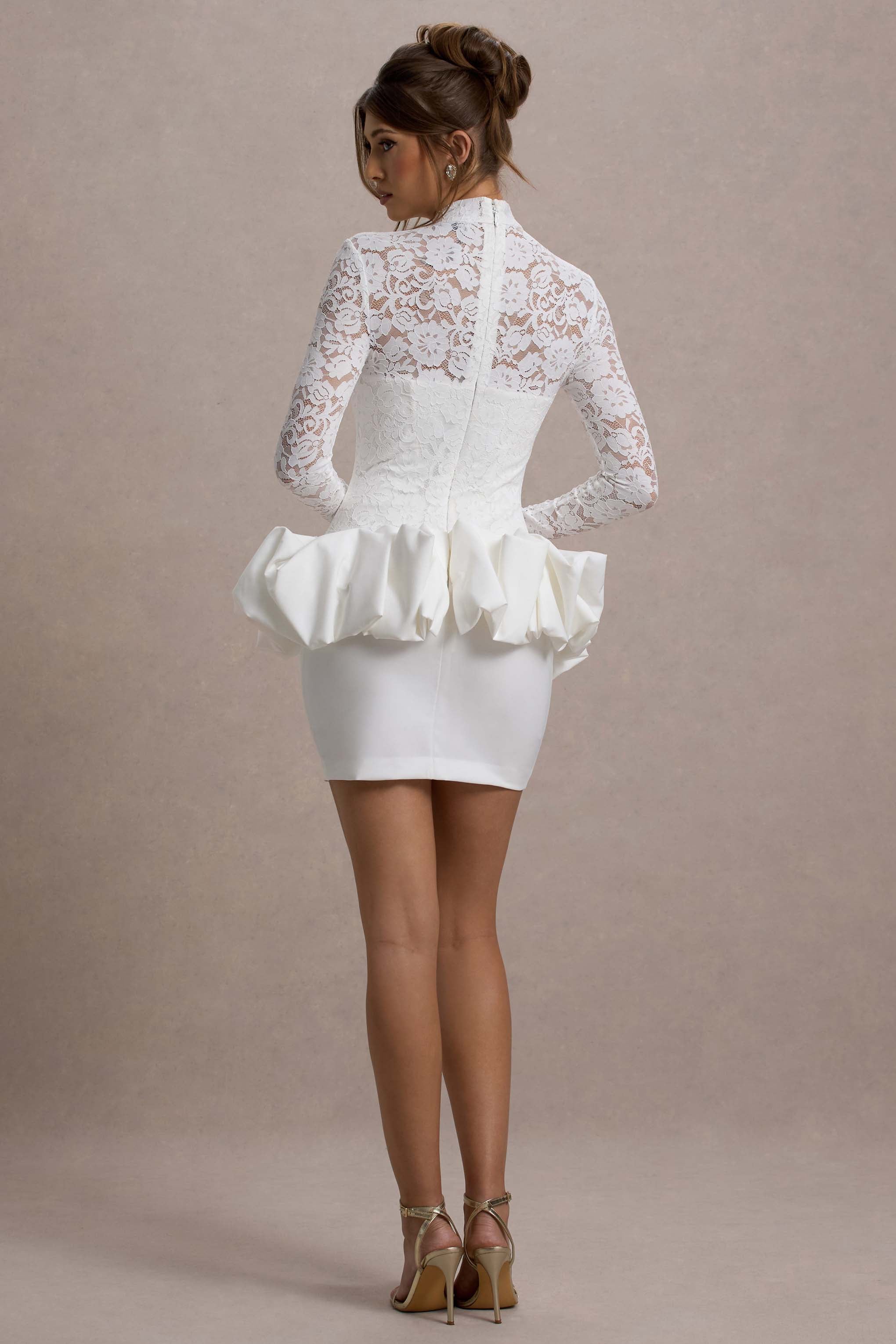 Antheia | Beyaz Dantel Uzun Kollu Peplum Mini Elbise