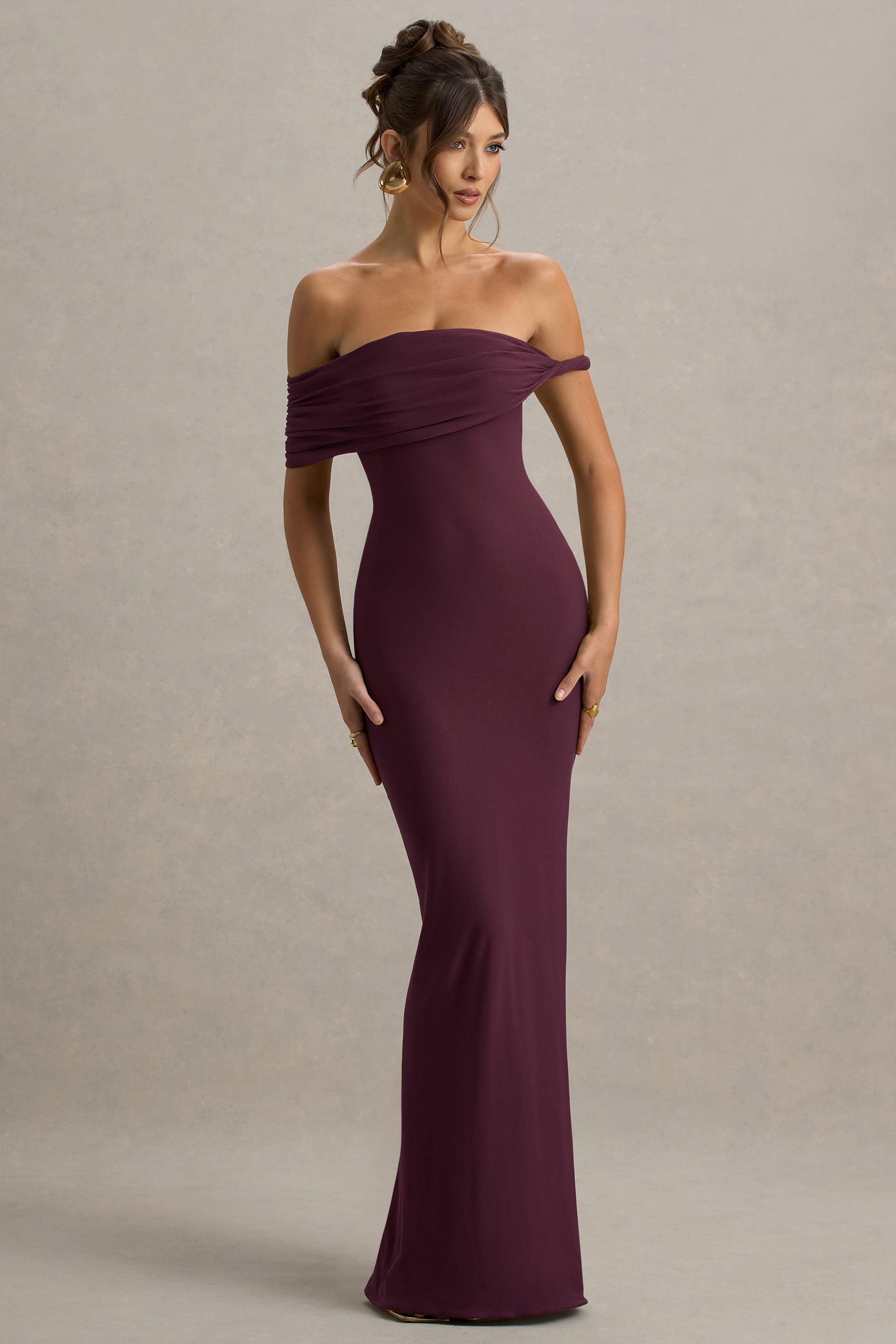 Melika | Bordo Kıvrımlı Bardot Maxi Elbise