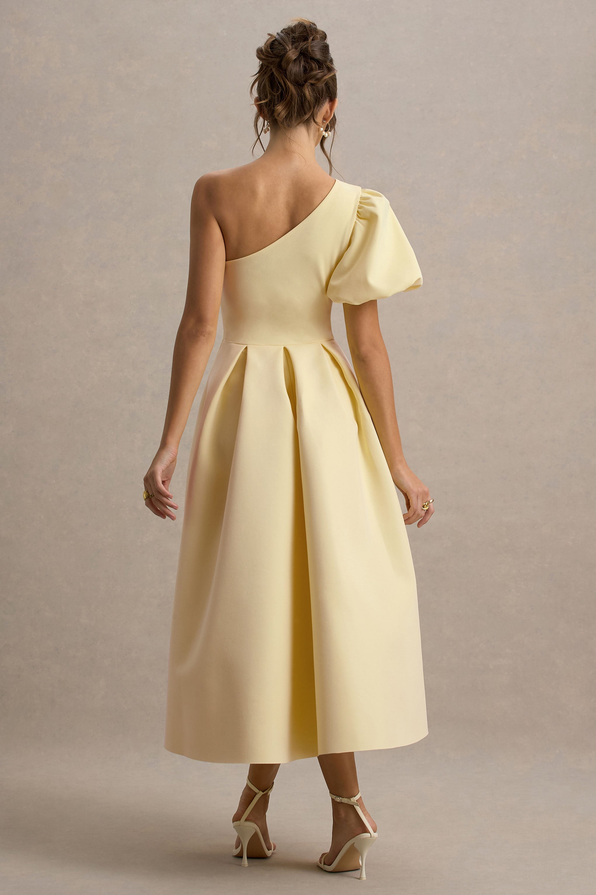Rochelle | Soluk Limon Asimetrik Puff-Sleeve Midi Elbise