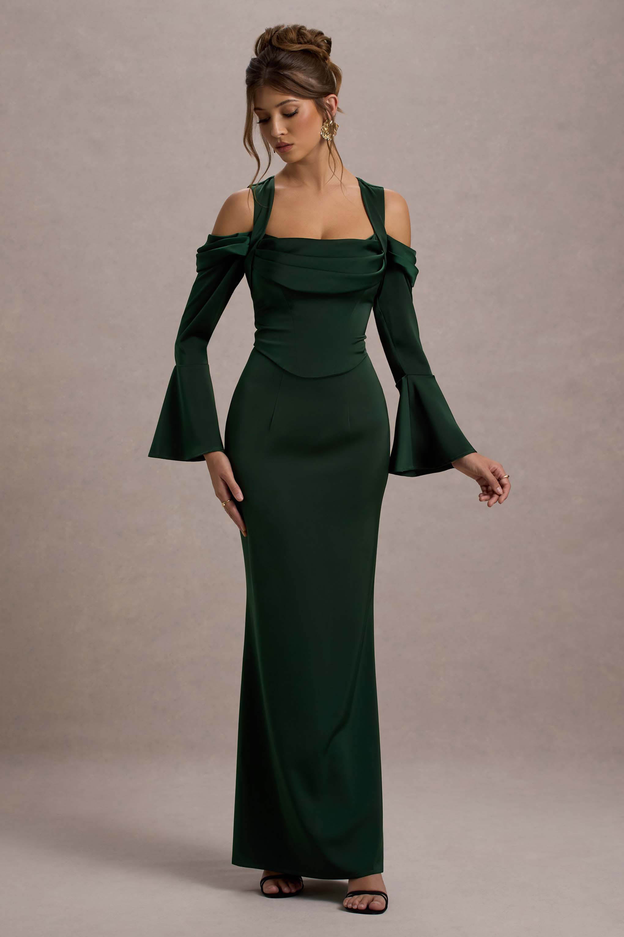 Heartthrob | Yeşil Saten Drapeli Bardot Maxi Elbise