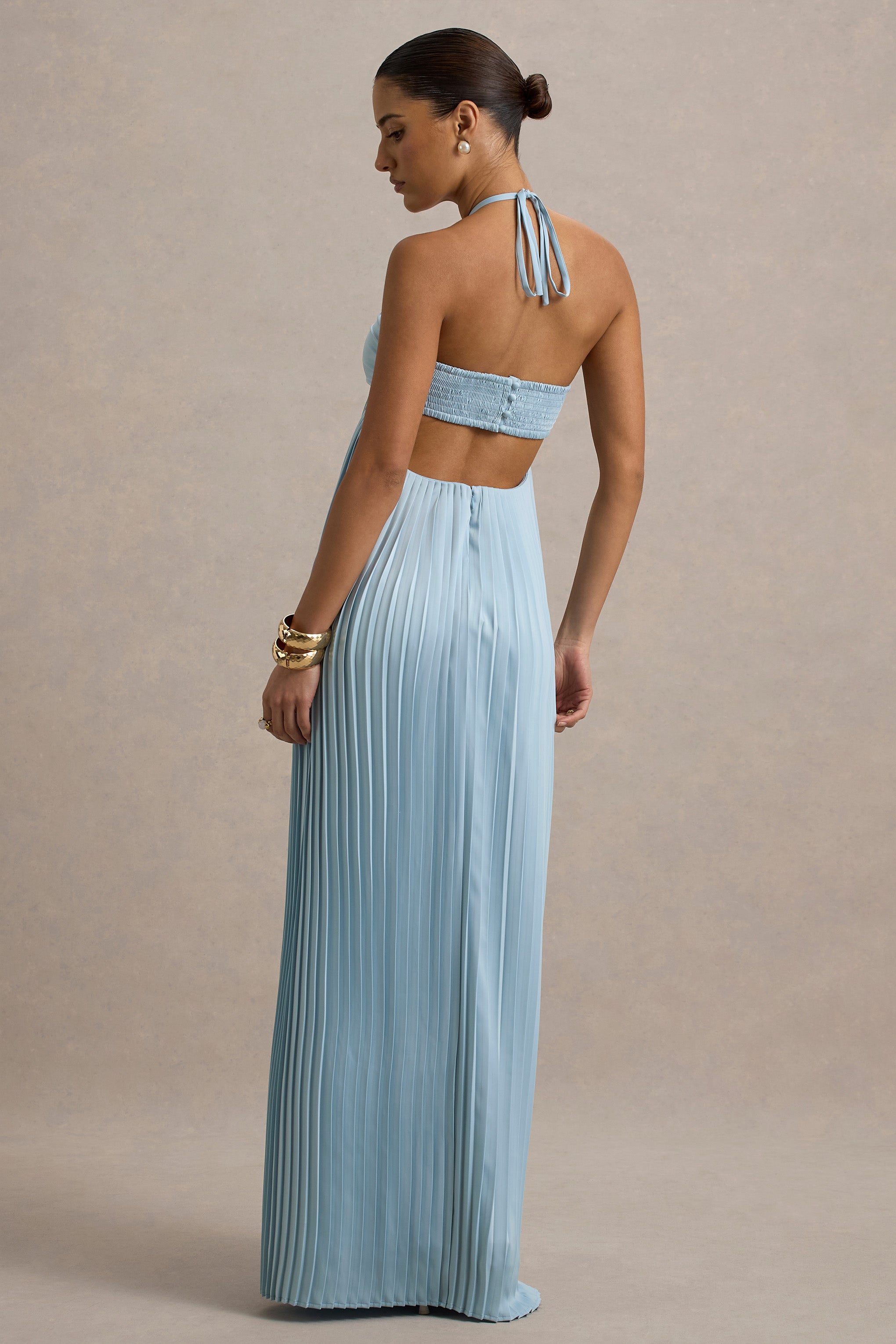 Elayne | Kesik Detaylı Pudra Mavi Halter Yaka Maxi Elbise