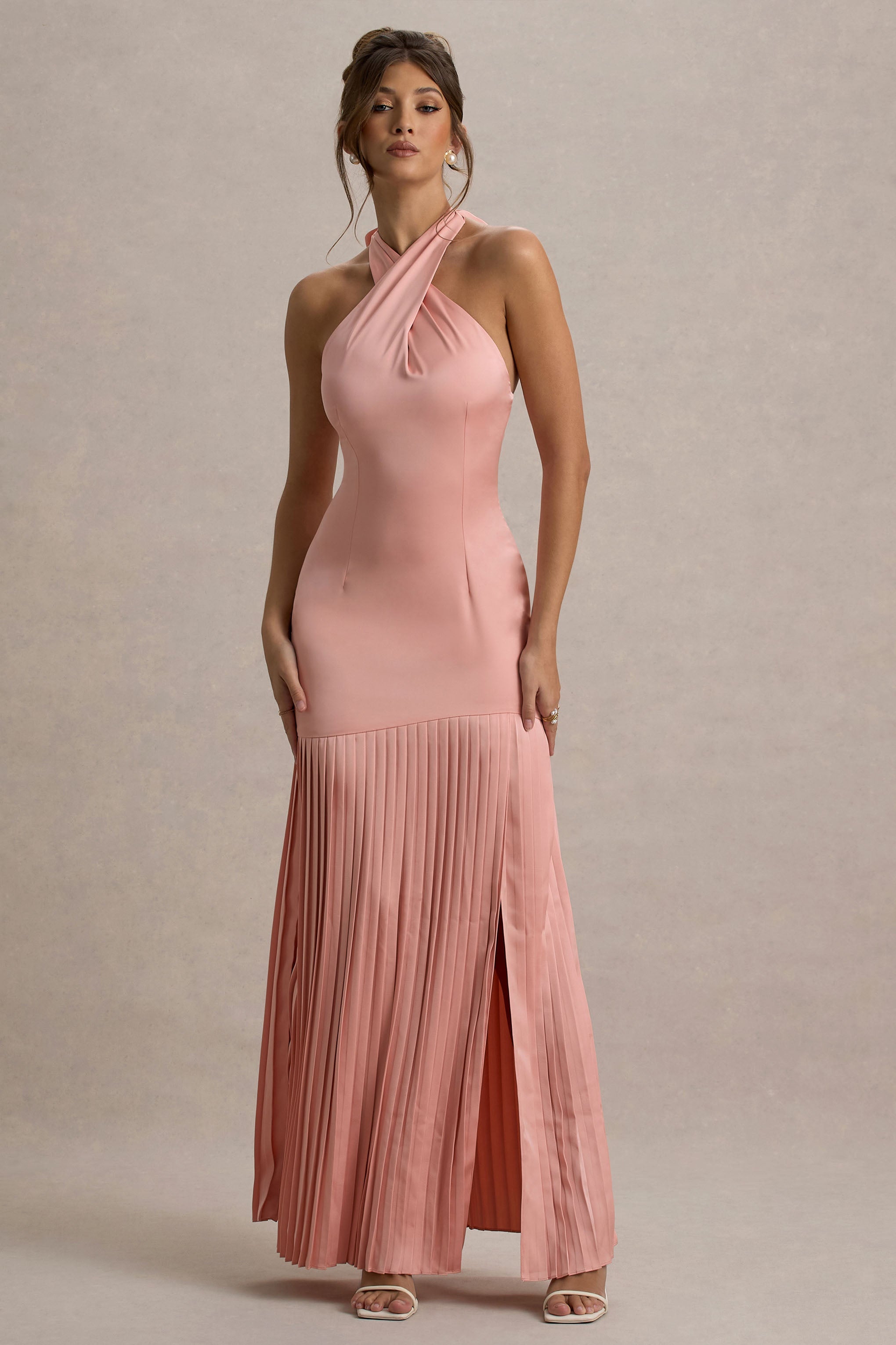 Sansa | Açık Pembe Saten Çapraz Halter Yaka Plise Maxi Elbise
