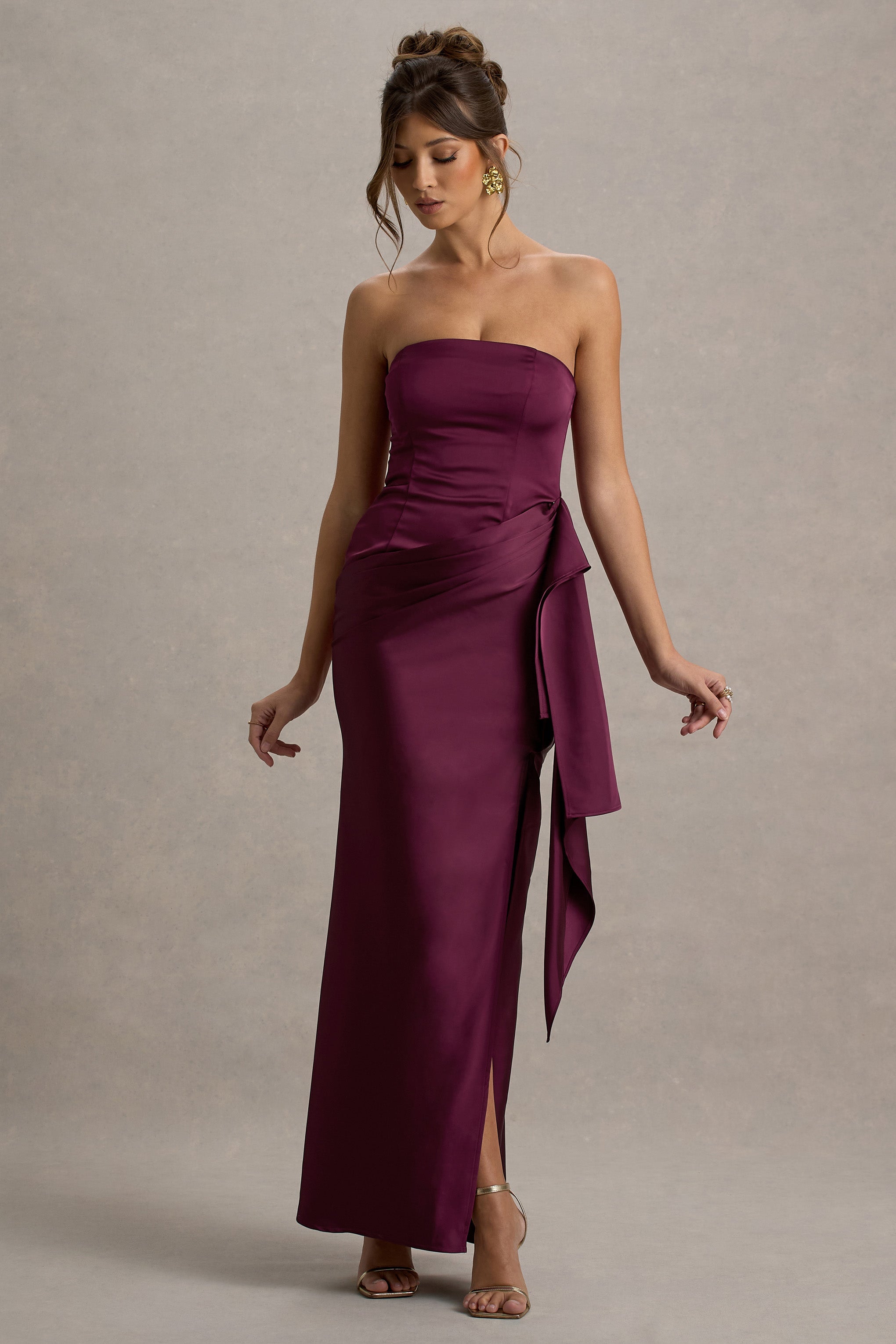 Loz | Bordo Saten Bandeau Drapeli Maxi Elbise