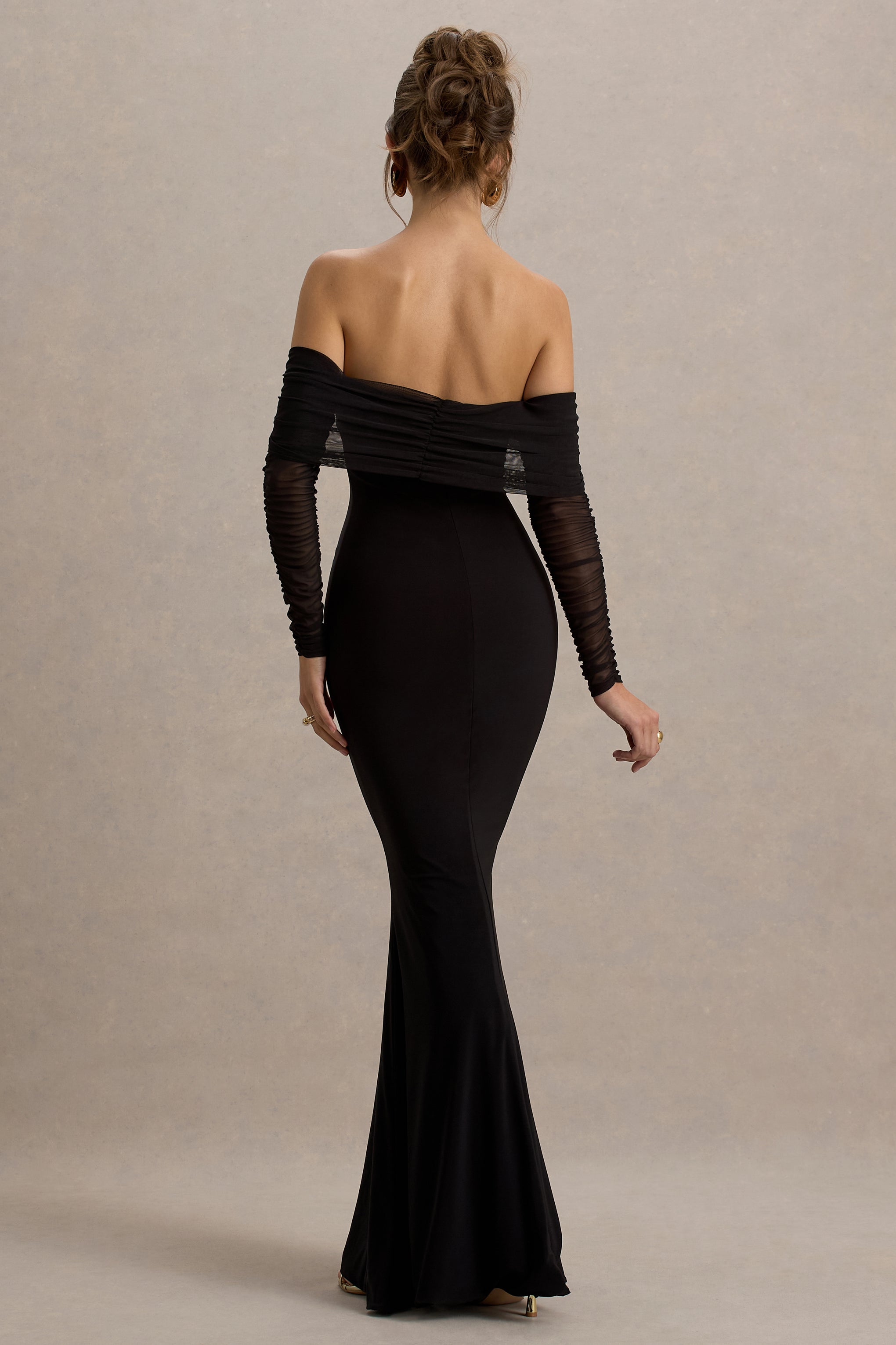 Madeleine | Siyah Fishtail Maxi Elbise Bardot File Uzun Kollar