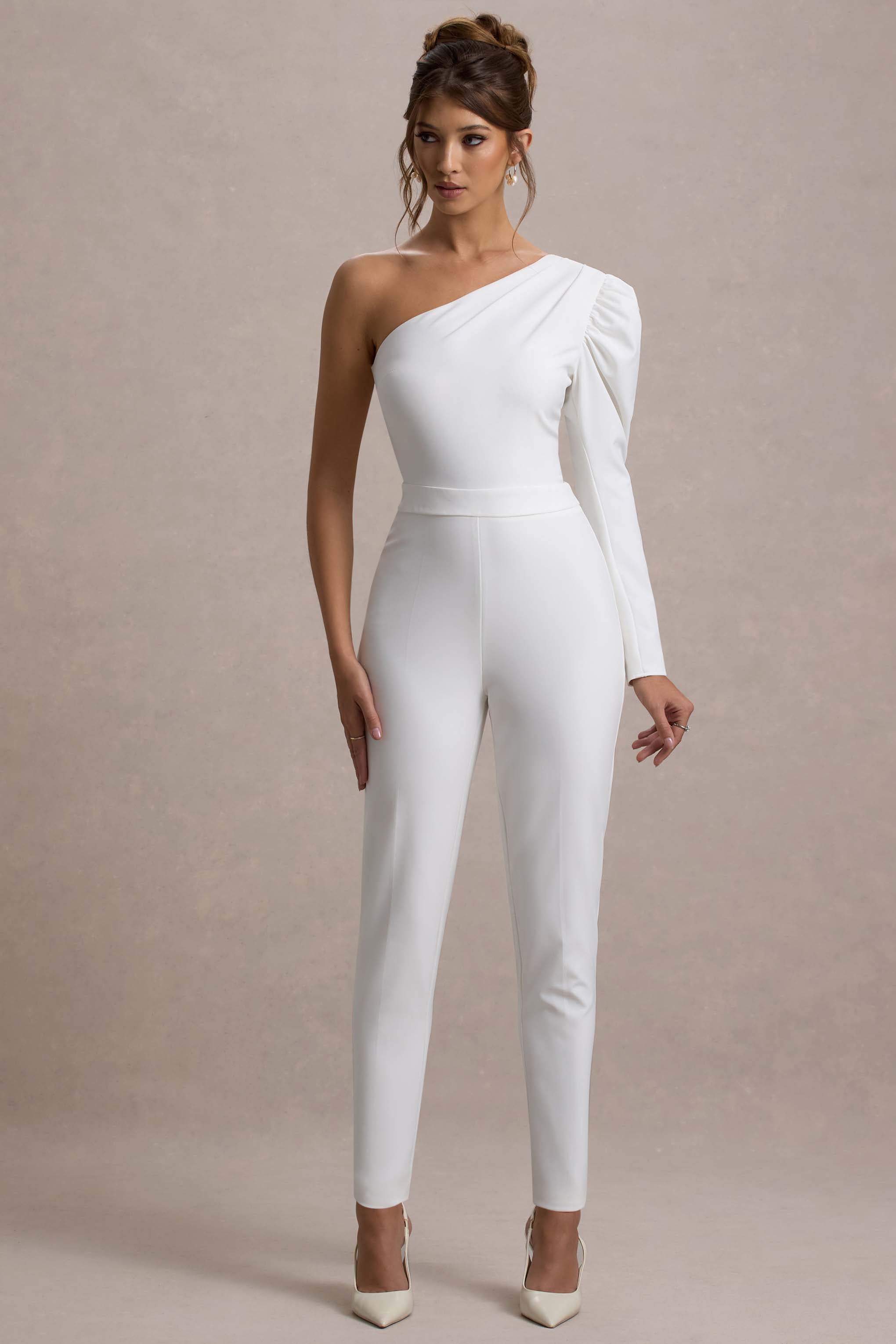 San Jose | Beyaz Tek Omuz Puff-Sleeve Tulum