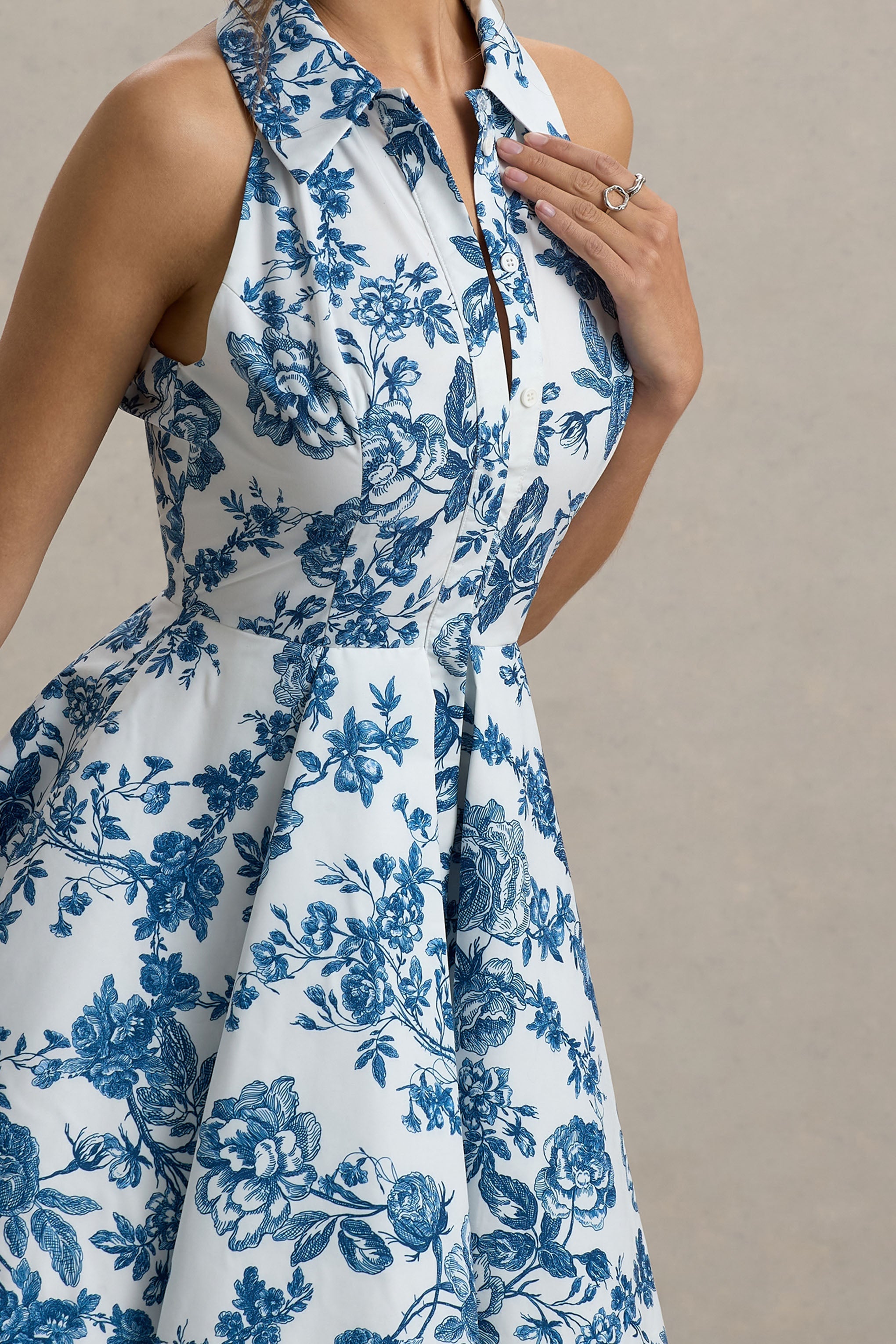 Paulie | Mavi Porselen Desenli Poplin Kayık Elbise