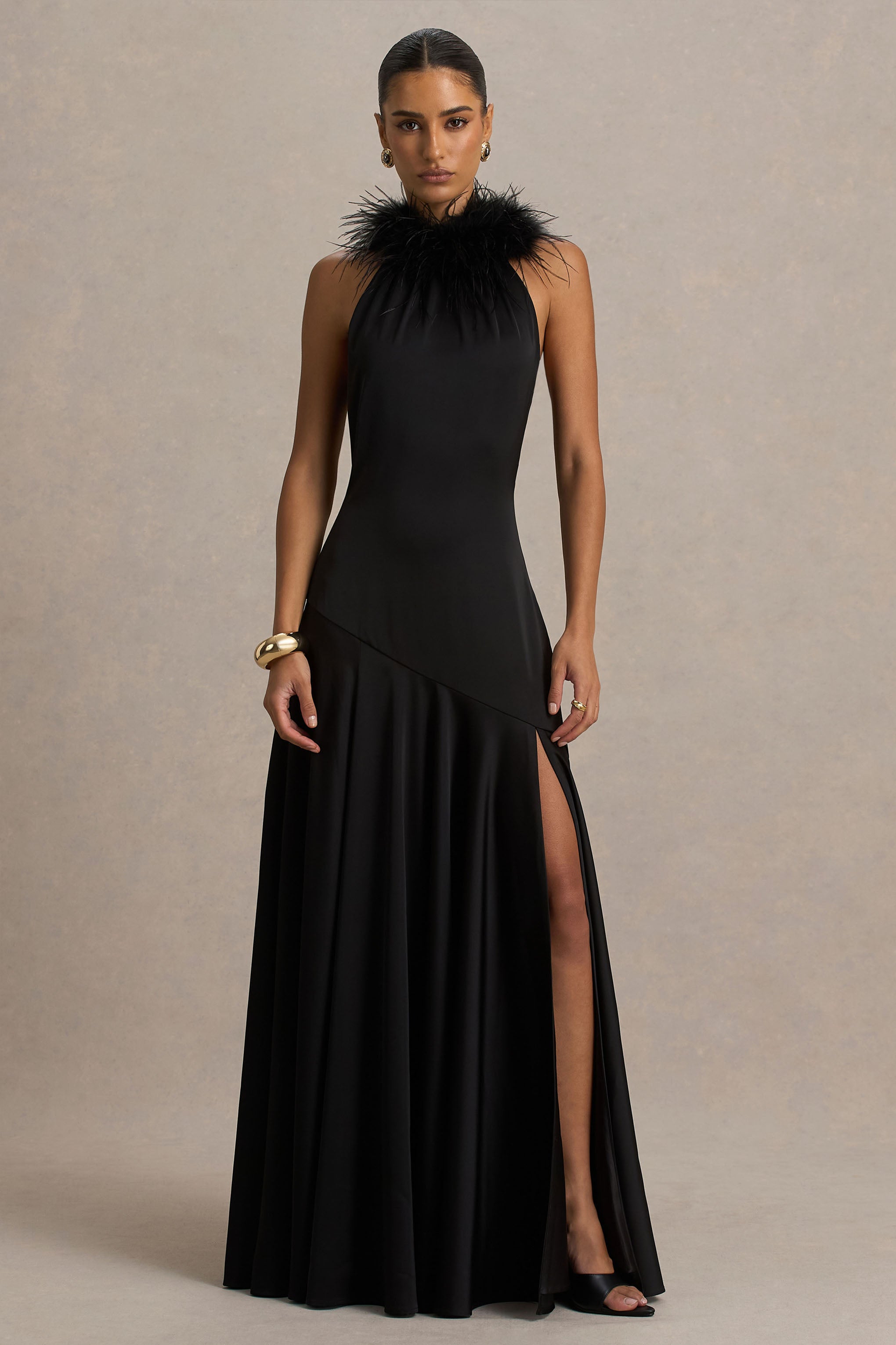 Jemima | Saten Halter Yaka Maxi Elbise Tüy Detaylı