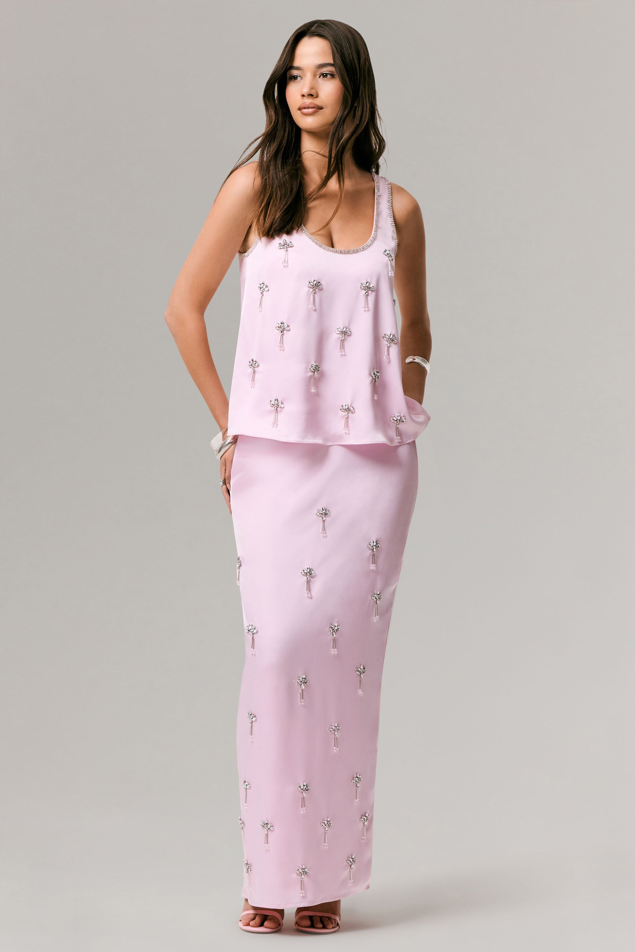 Lena | Pembe Saten Süslemeli Maxi Etek