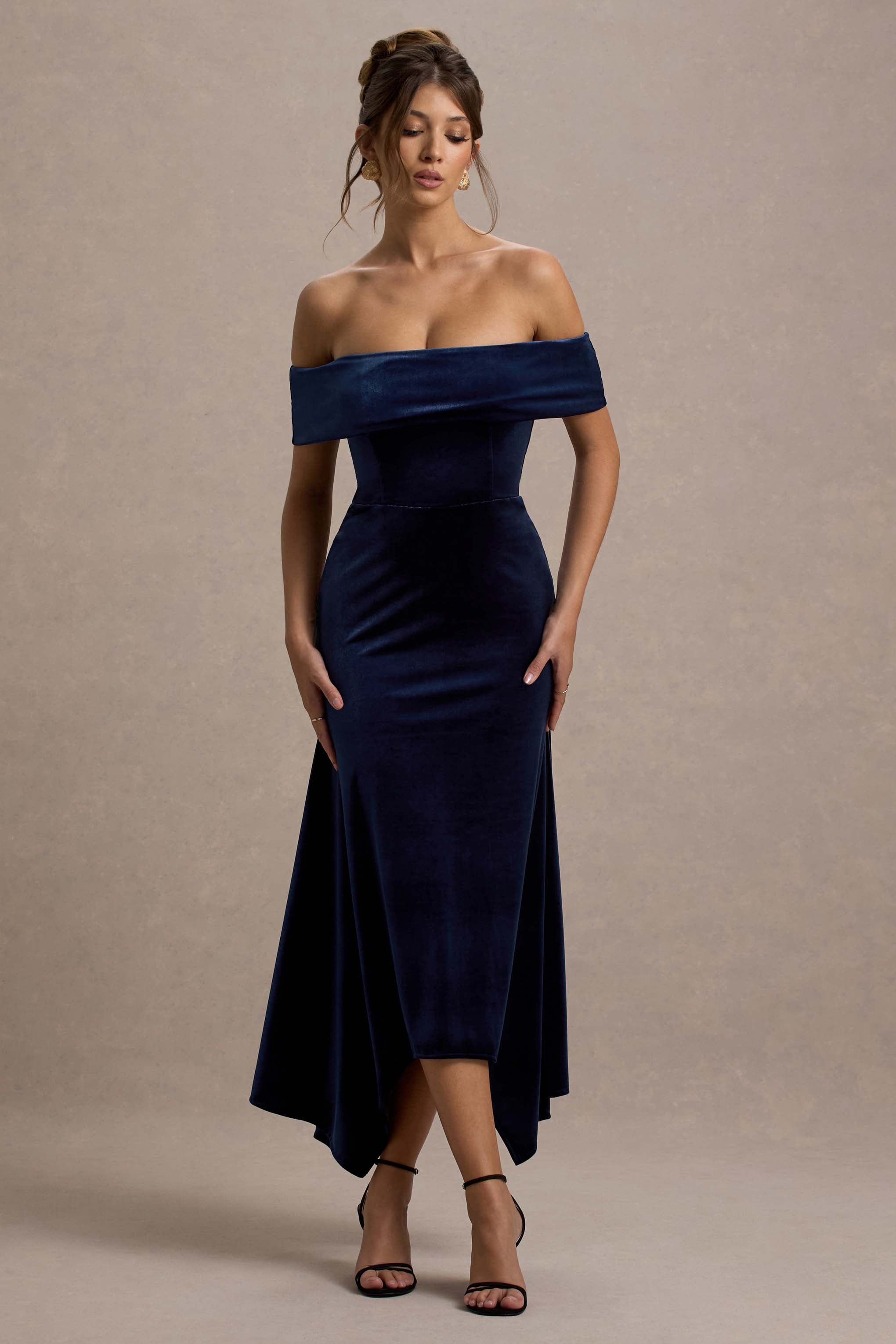 Halia | Lacivert Kadife Bardot Midi Elbise