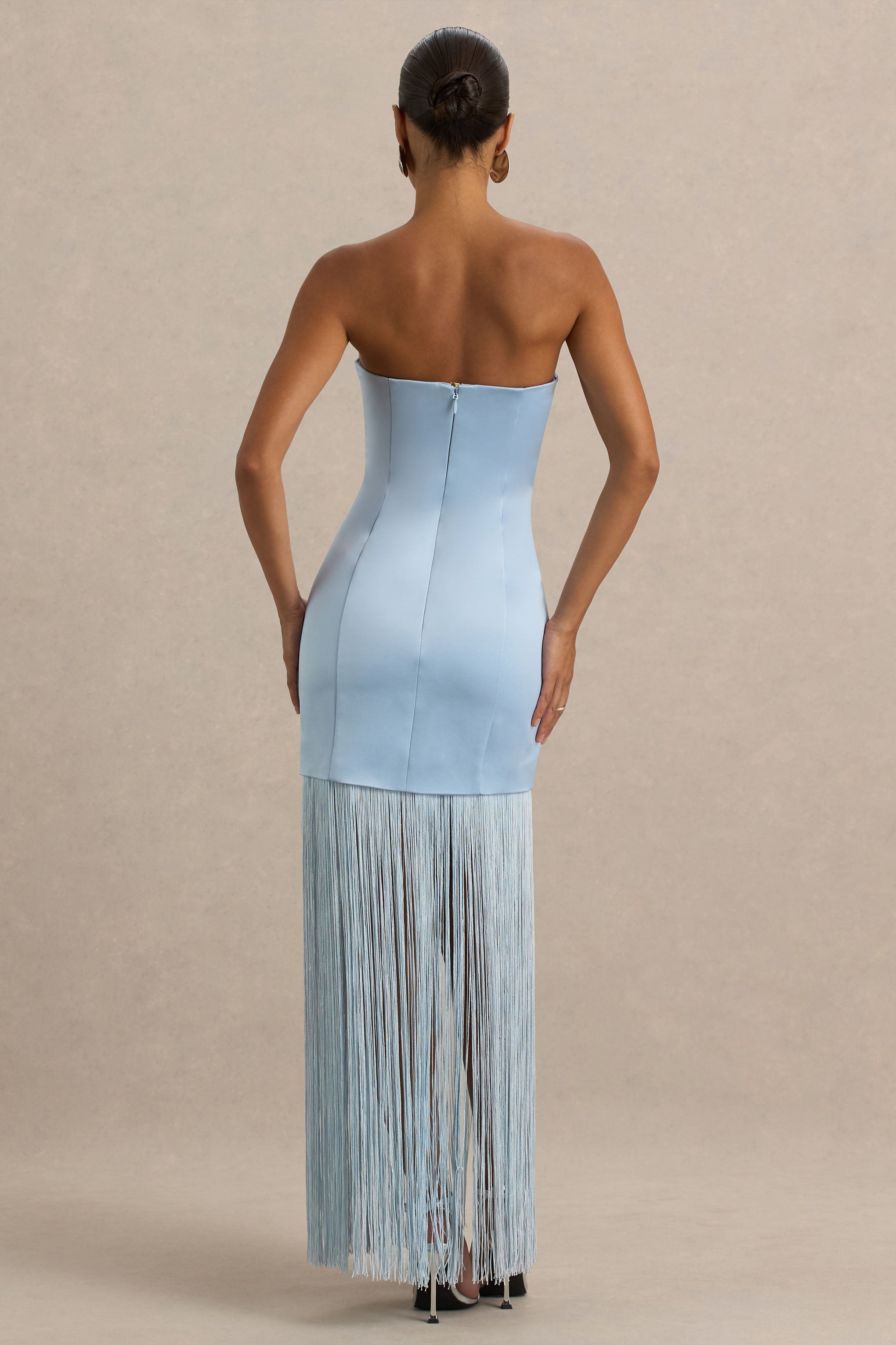 Trinity | Franjeli Pudra Mavi Saten Bandeau Maxi Elbise
