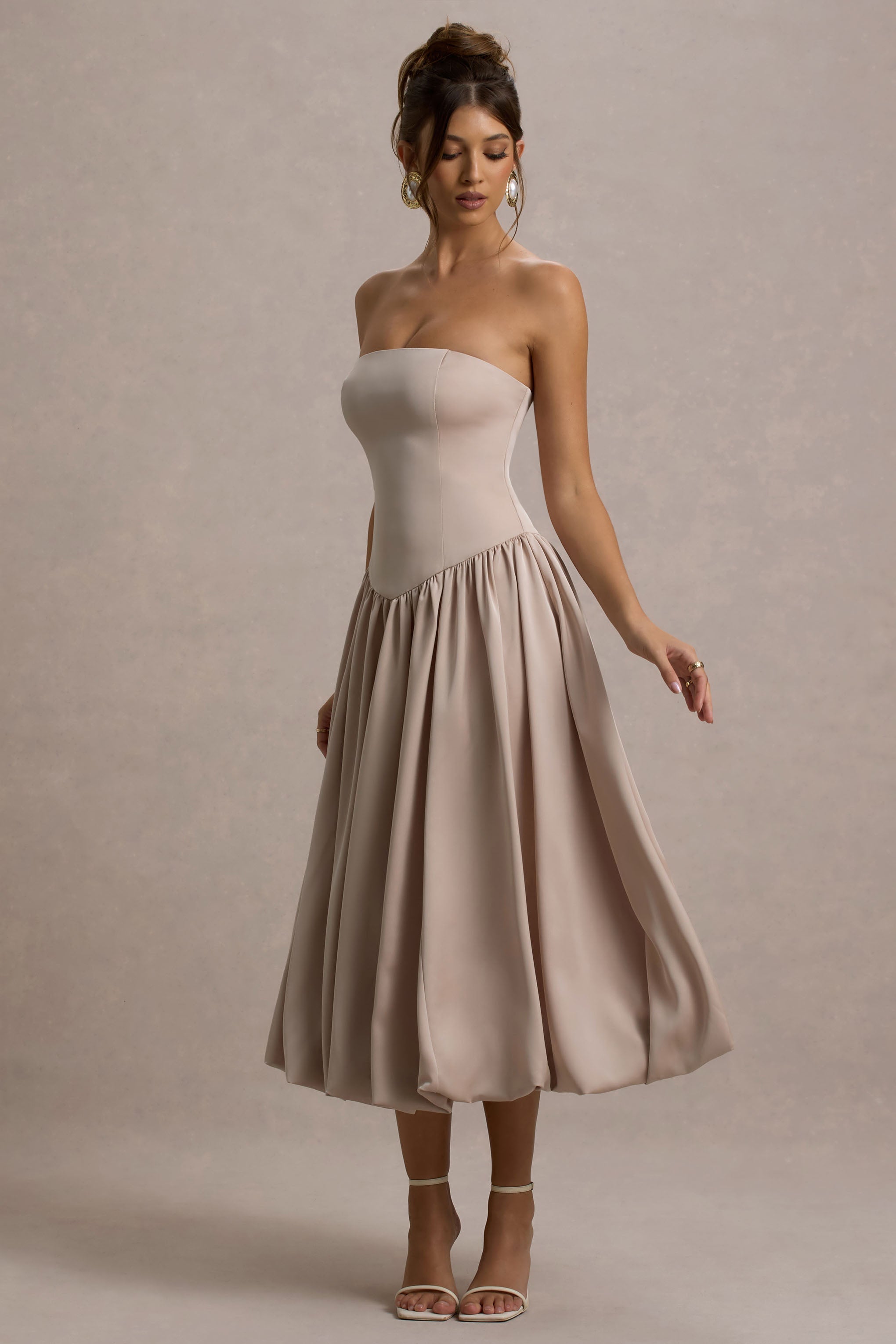 Keyton | Şampanya Saten Bandeau Midi Elbise