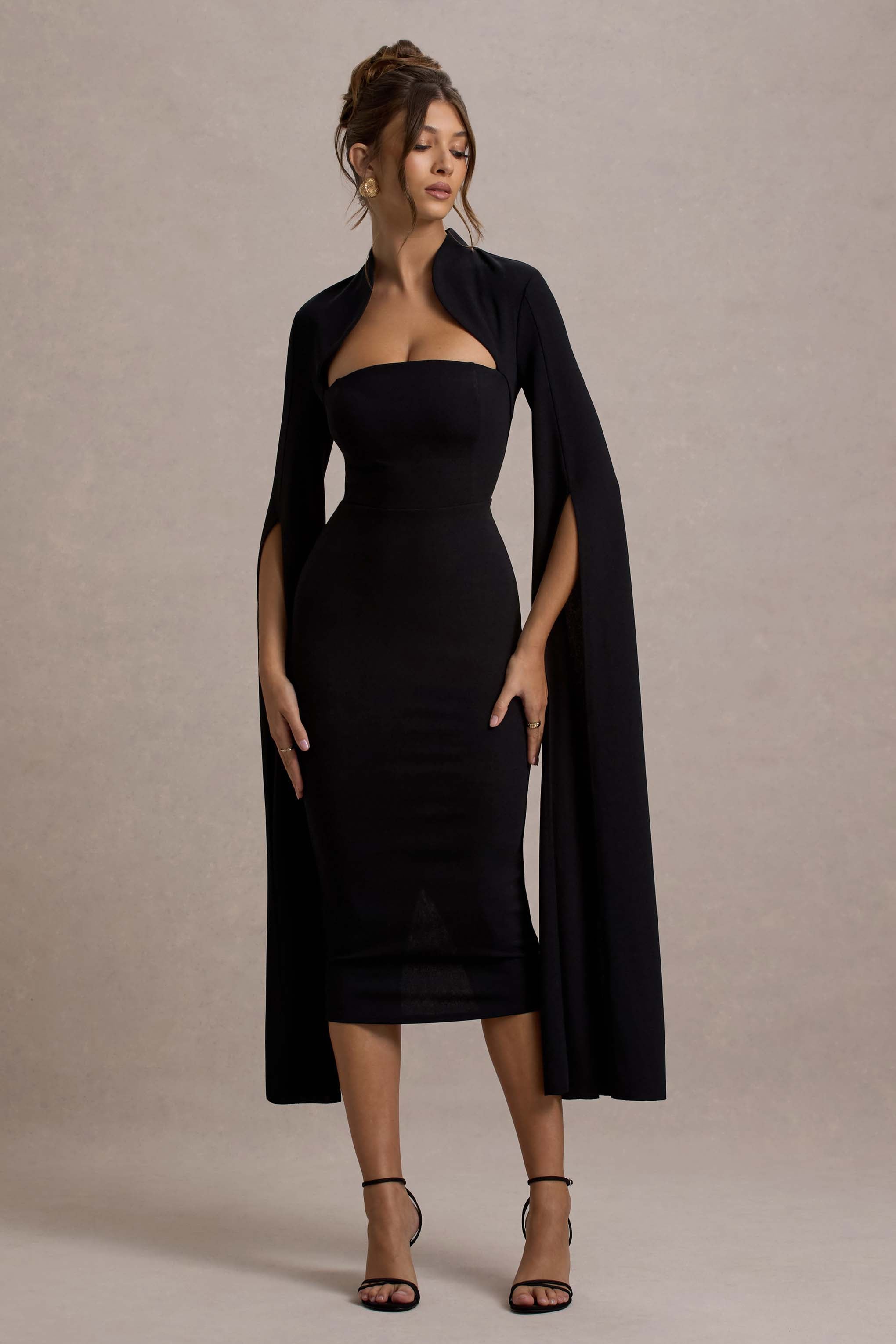 Linden | Siyah Bodycon Kapağı Kısa Midi Elbise