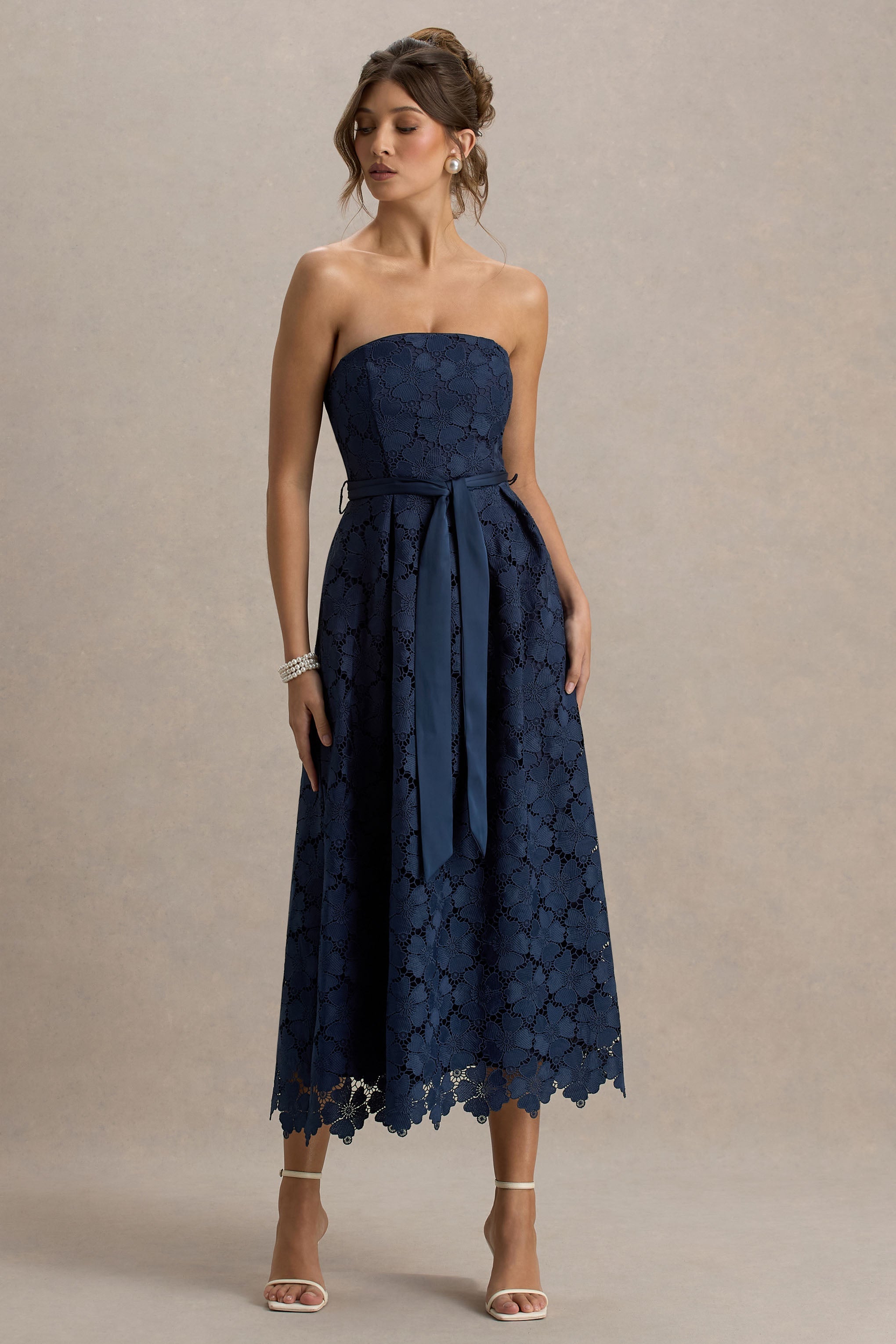 Shania | Lacivert Dantel Bandeau Skater Midi Elbise