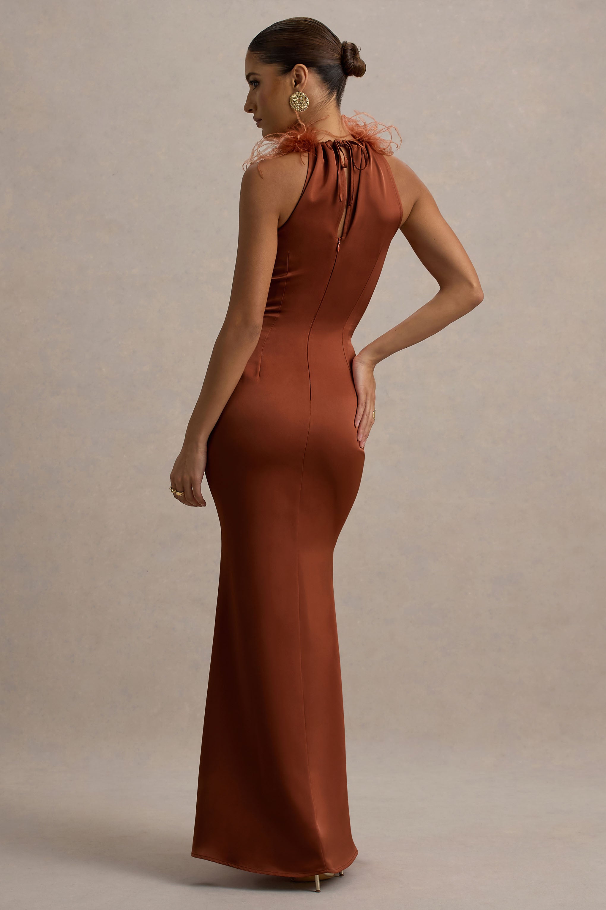 Bianca | Kızıl Saten Tüy Detaylı Maxi Elbise