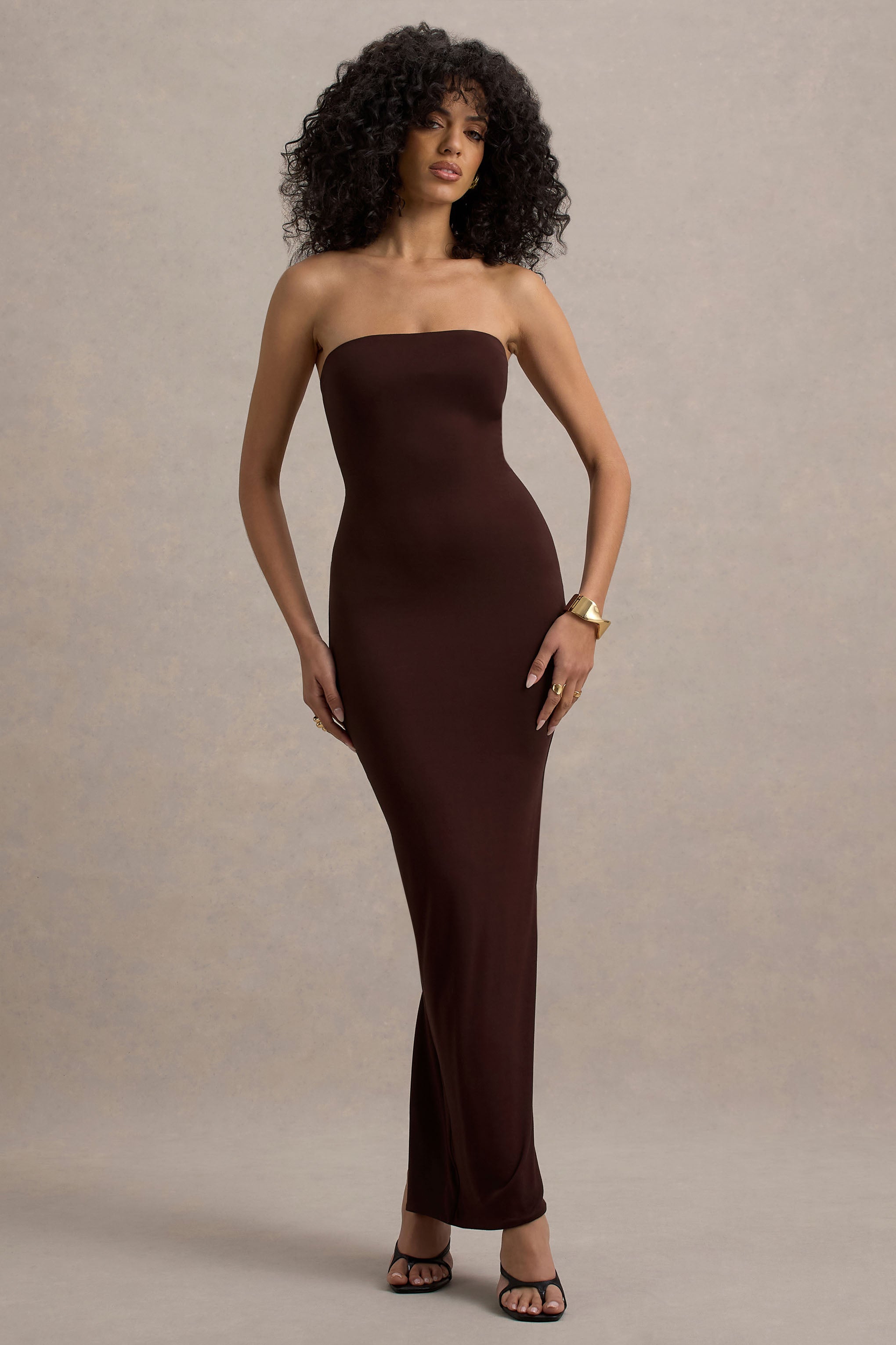 Angelie | Kahverengi Bandeau Bodycon Maxi Elbise