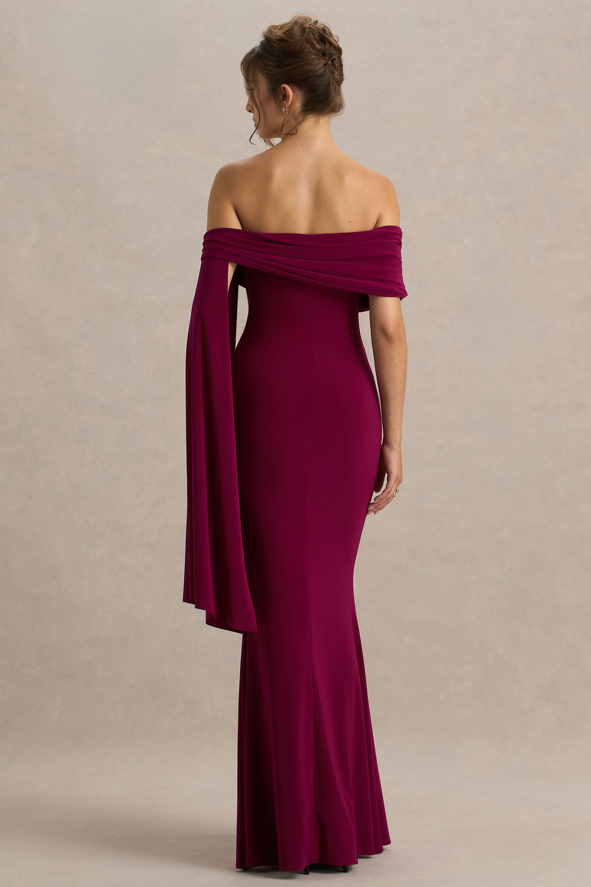 Saffina | Sash Detaylı Bordo Bardot Yaka Maxi Elbise