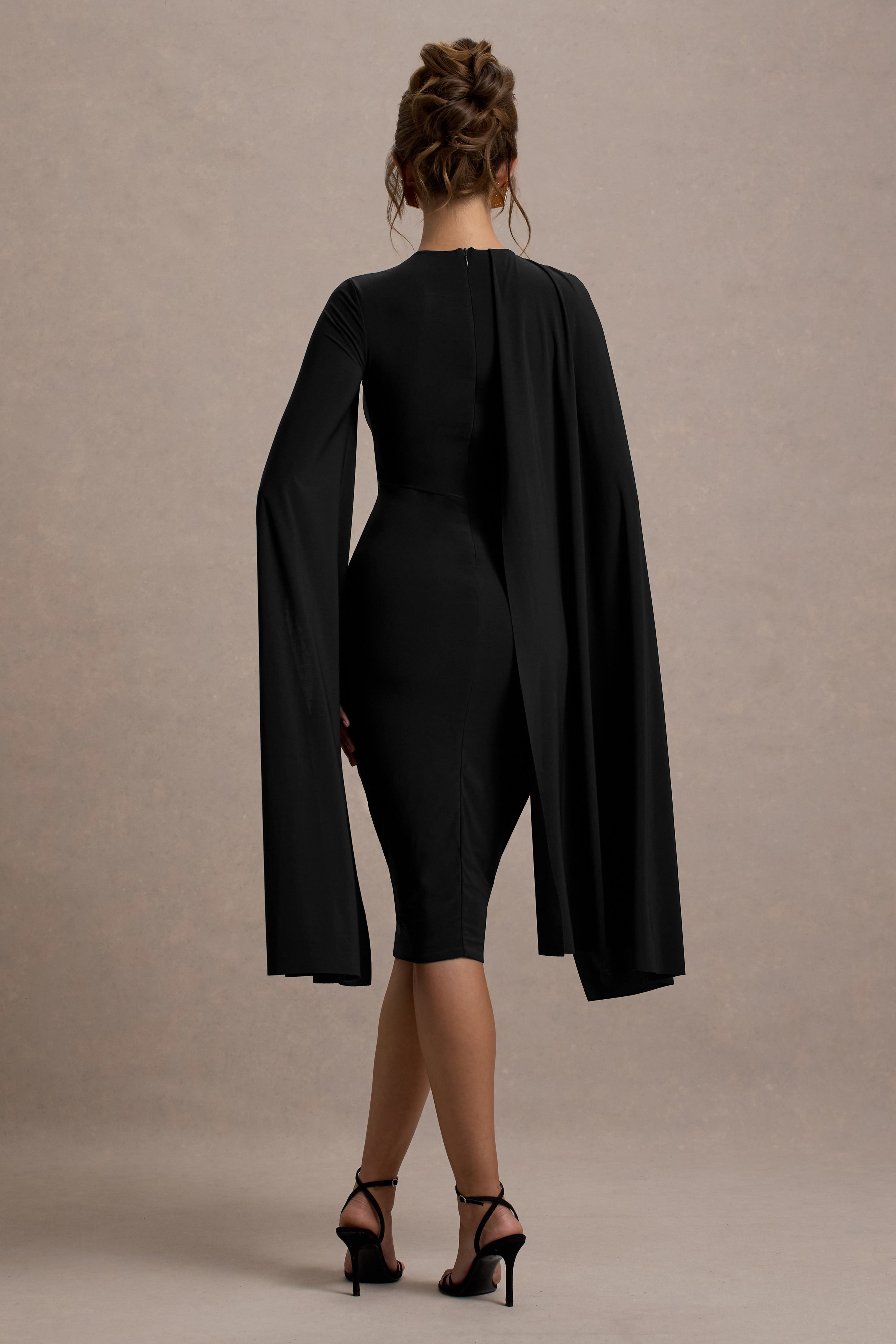 Marysol | Siyah Asimetrik Kloş Midi Elbise