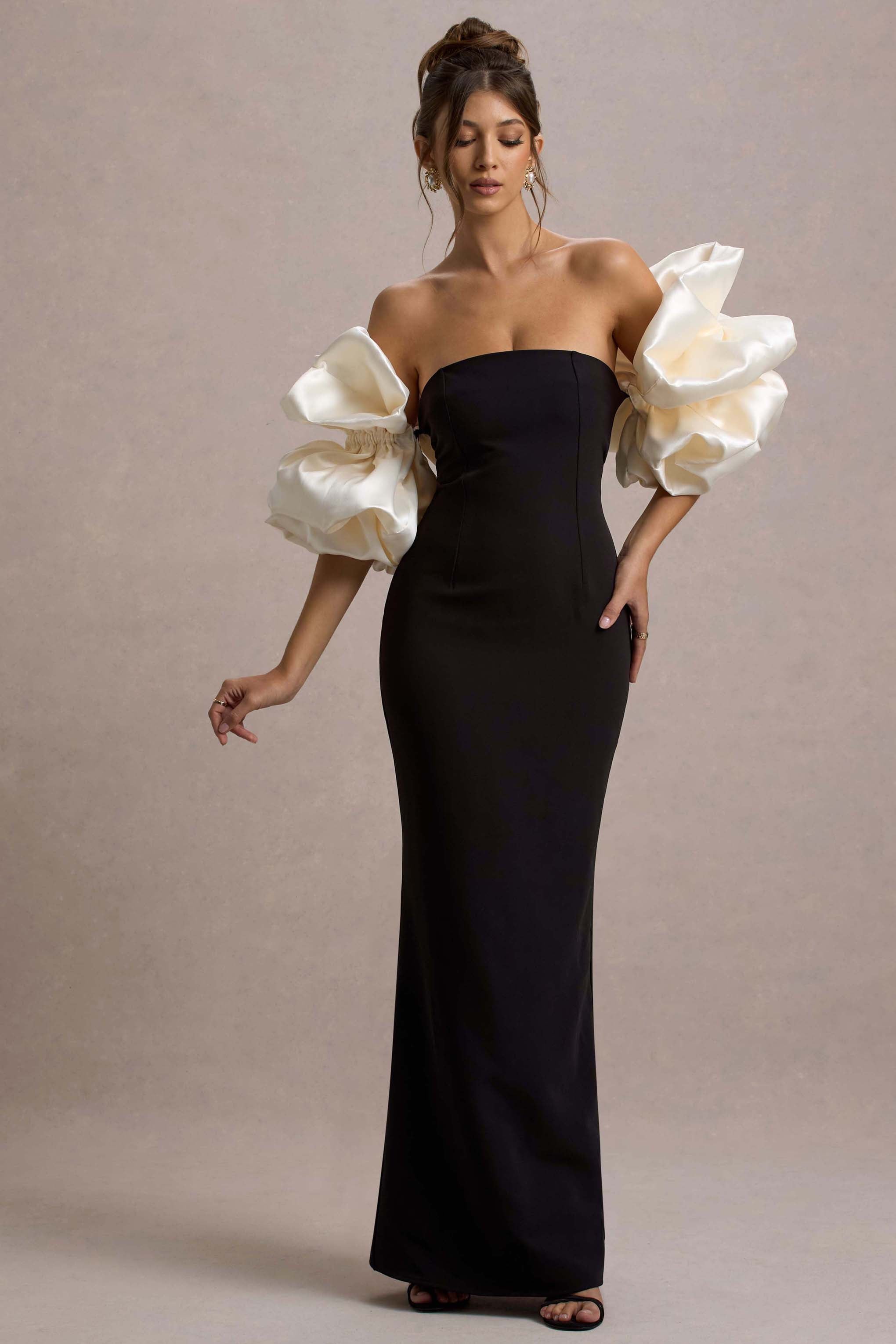 Evermore | Siyah & Krem Puf Kol Maxi Elbise