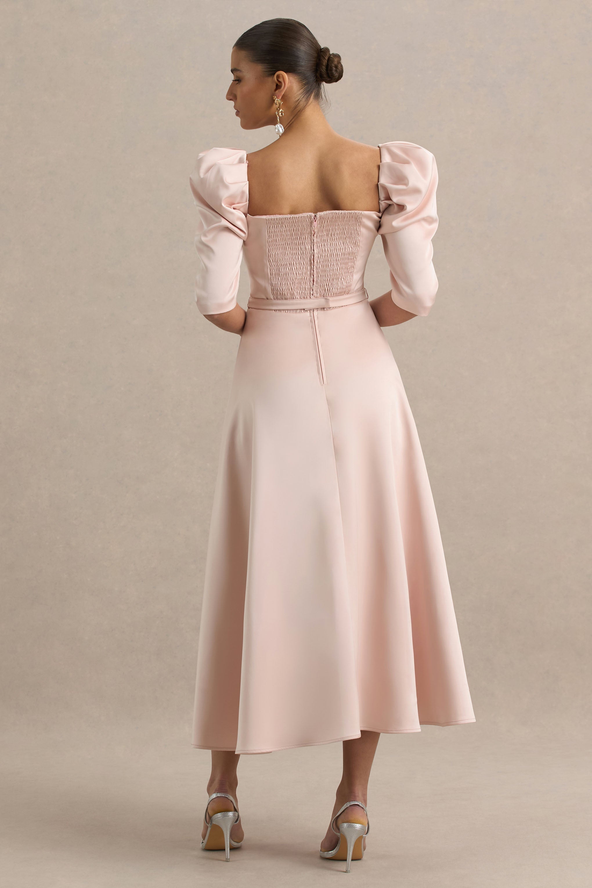 Rosey | Soluk Pembe Saten Kalp Yaka Midi Elbise