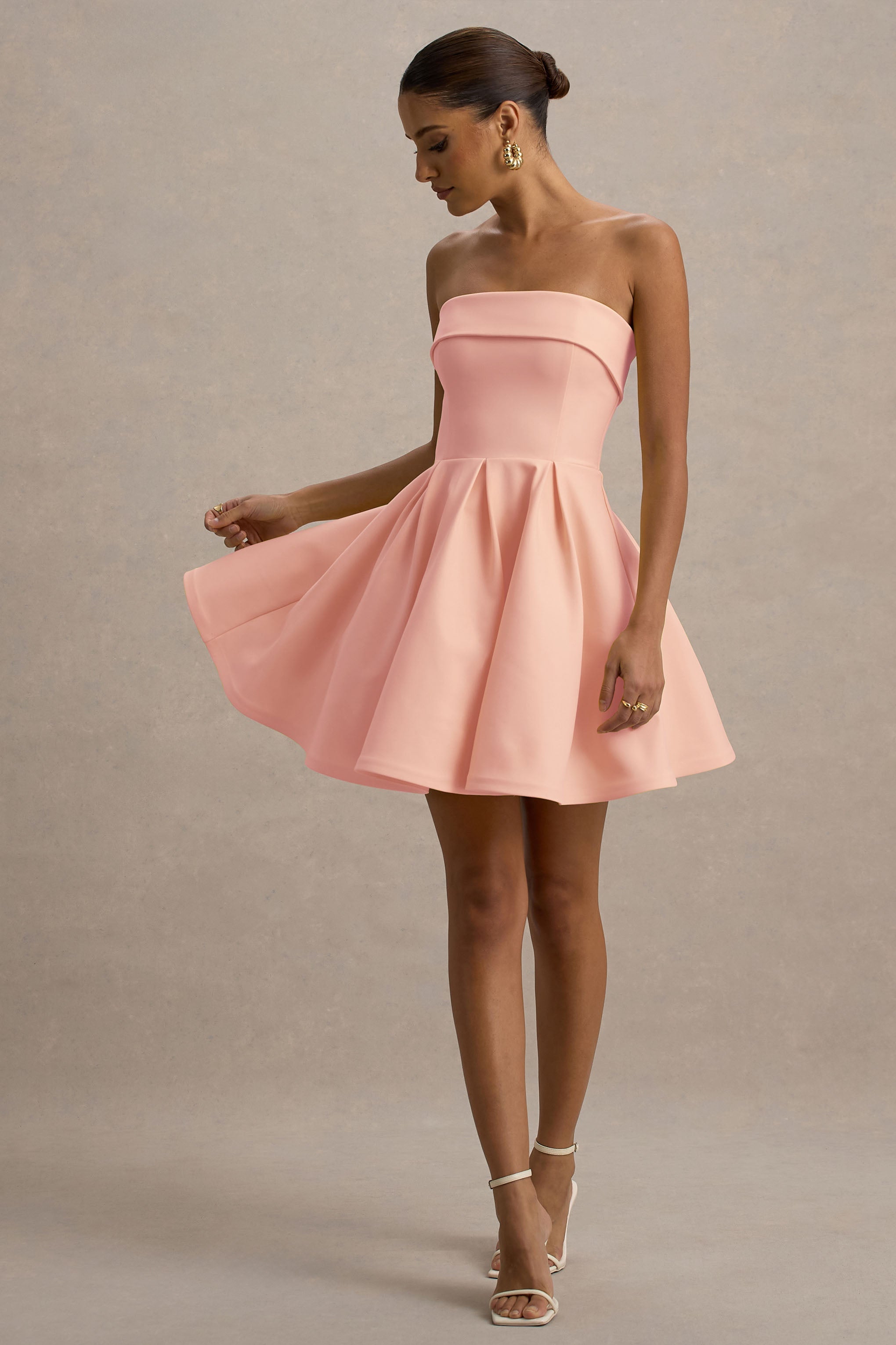 Bruna | Açık Pembe Bandeau Kayık Mini Elbise