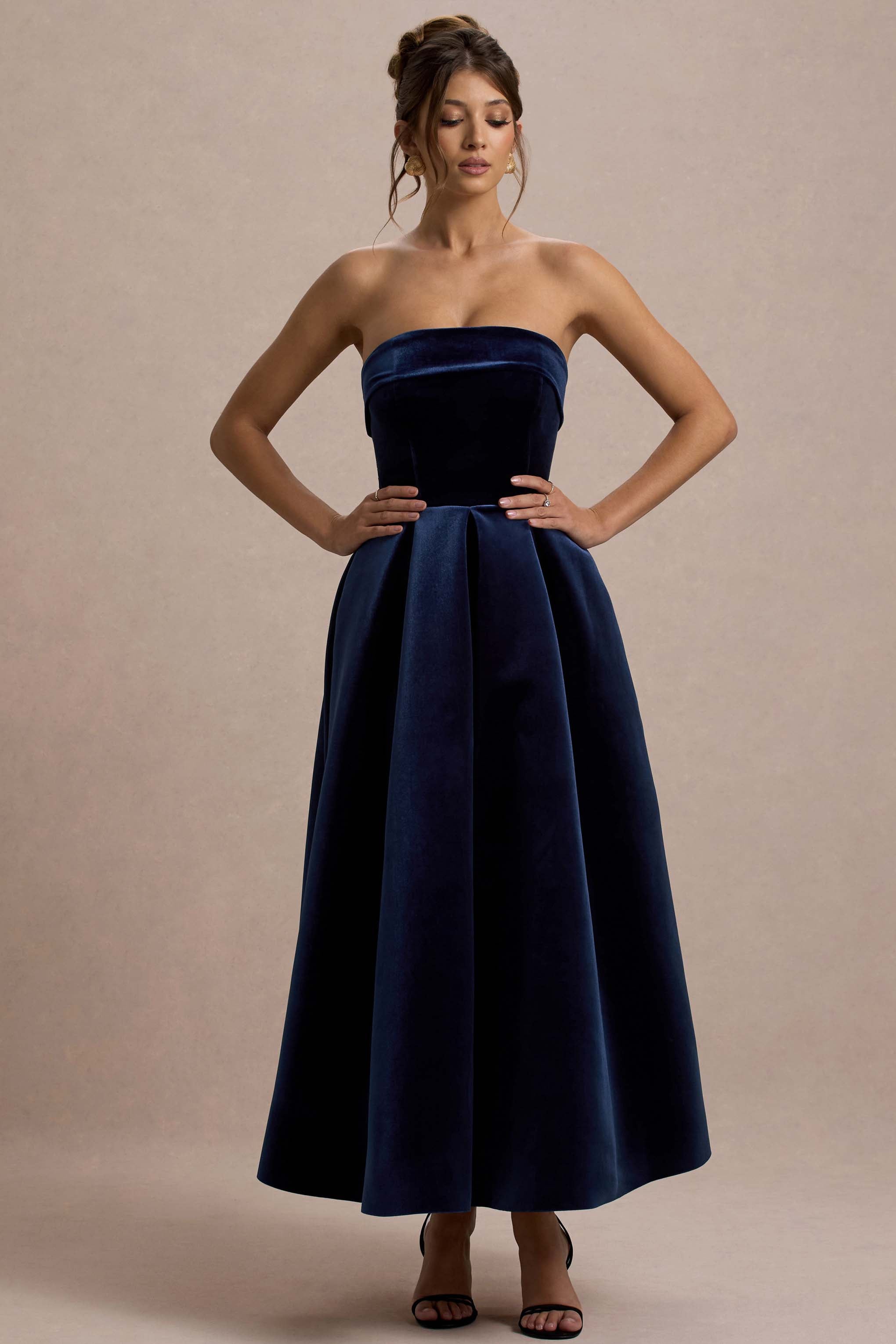 Addina | Lacivert Kadife Bandeau Midi Elbise