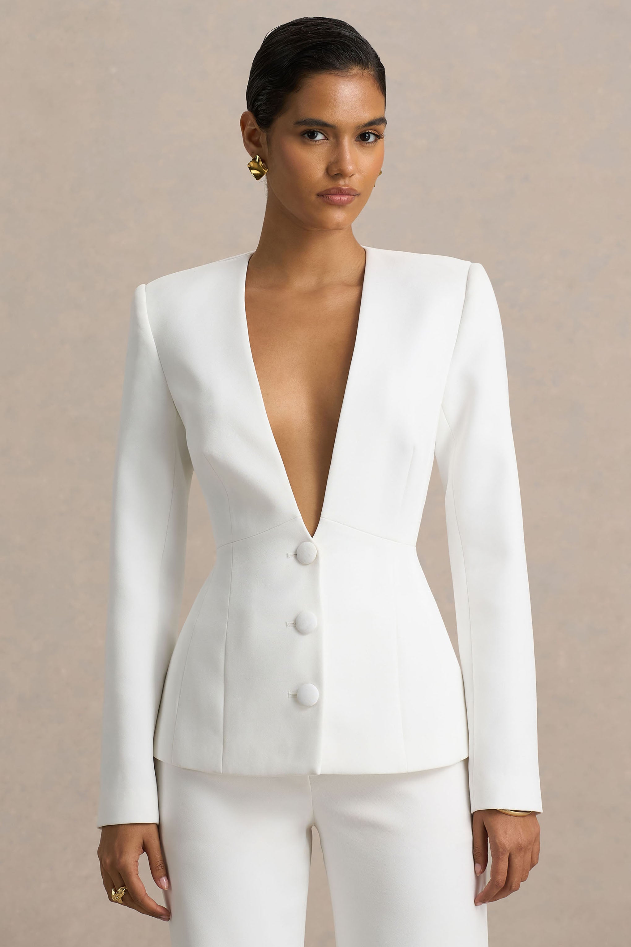 Rosalina | Beyaz Aşırı Derin Yaka Kesim Blazer