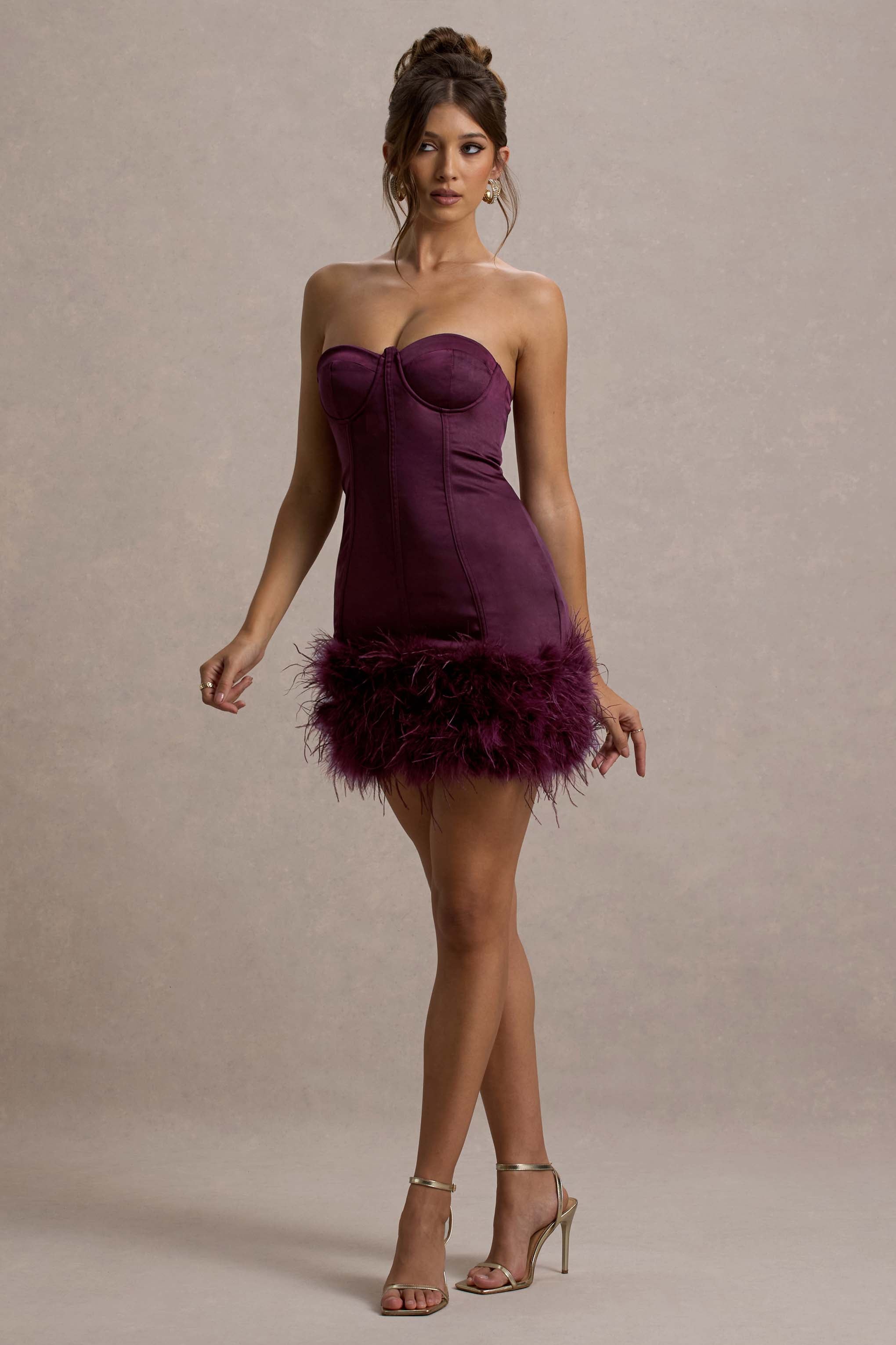 Vampira | Bordo Saten Korse Tüy Mini Elbise