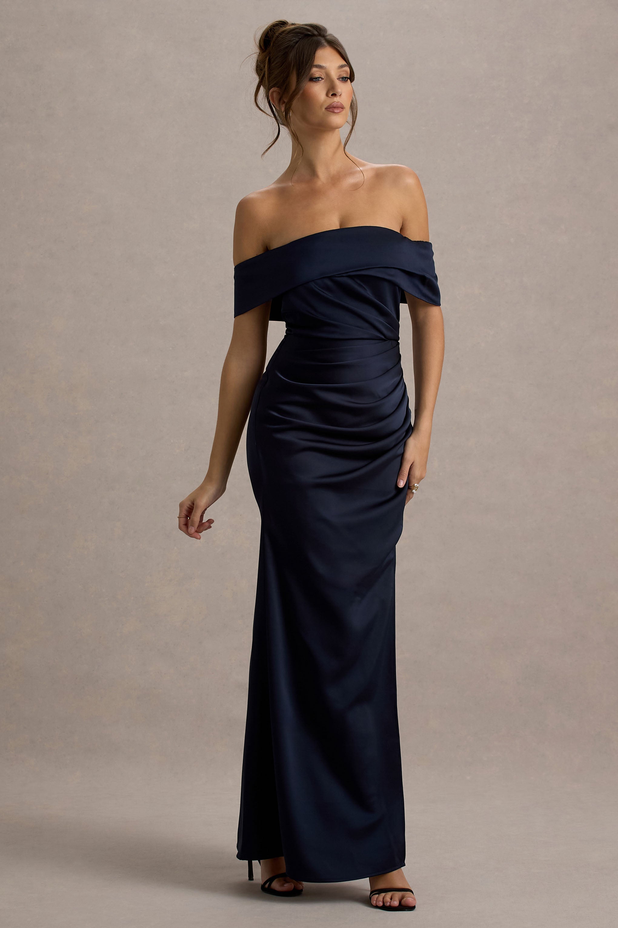 Martine | Lacivert Saten Bardot Sarma Maxi Elbise