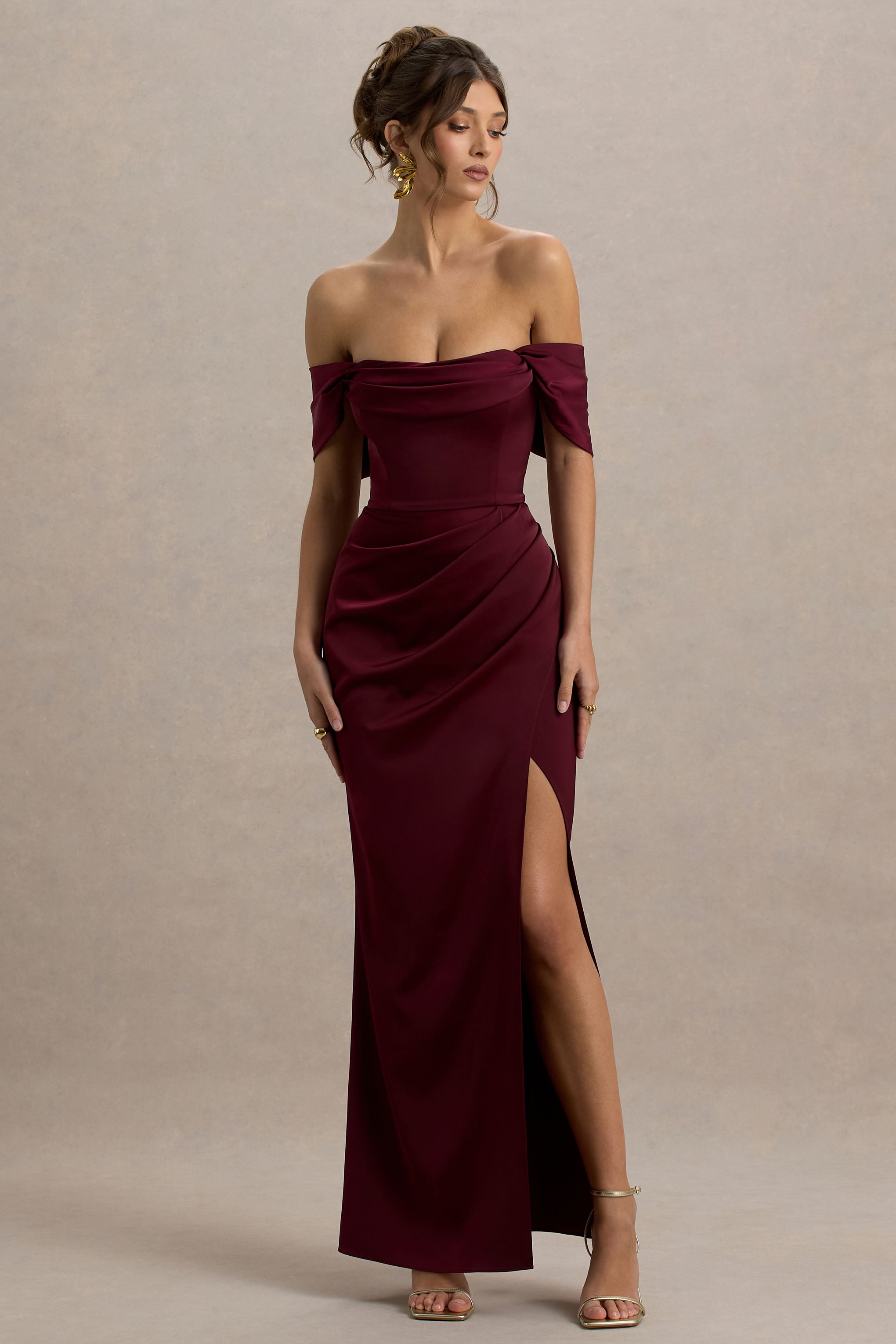 Annie | Yırtmaçlı Bordo Saten Bardot Maxi Elbise