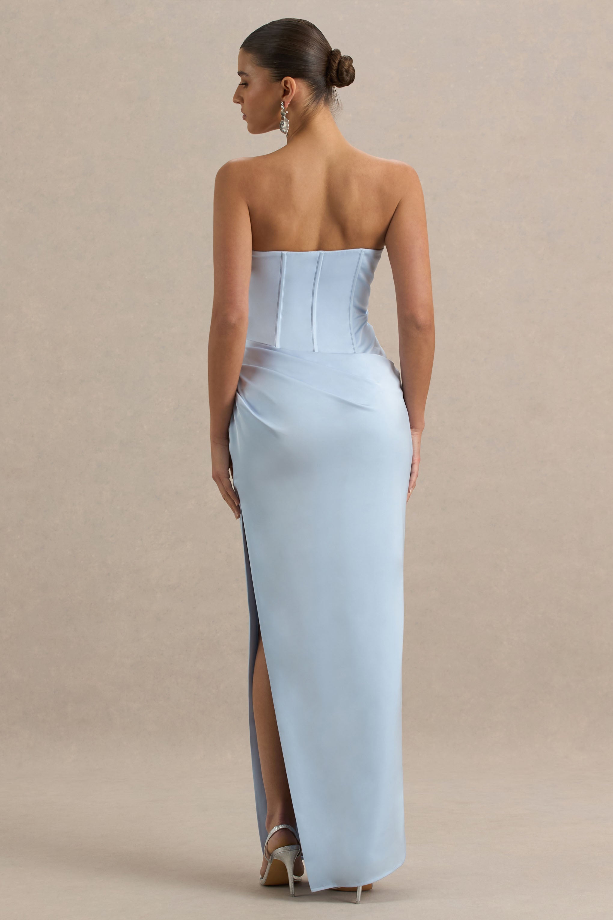 Joseline | Toz Mavi Saten Korse Sarma Maxi Elbise Fular ile