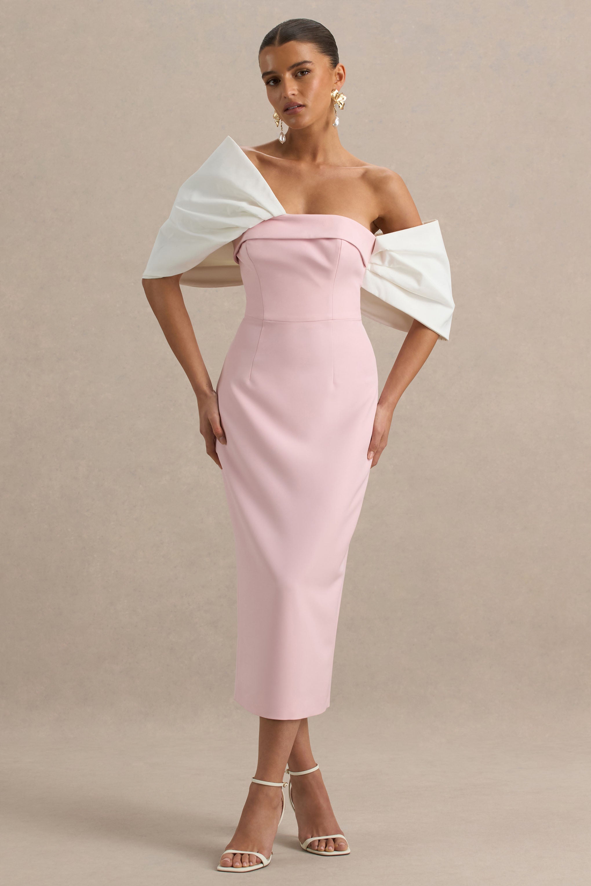 Lucille | Pembe ve Beyaz Asimetrik Bardot Midi Elbise