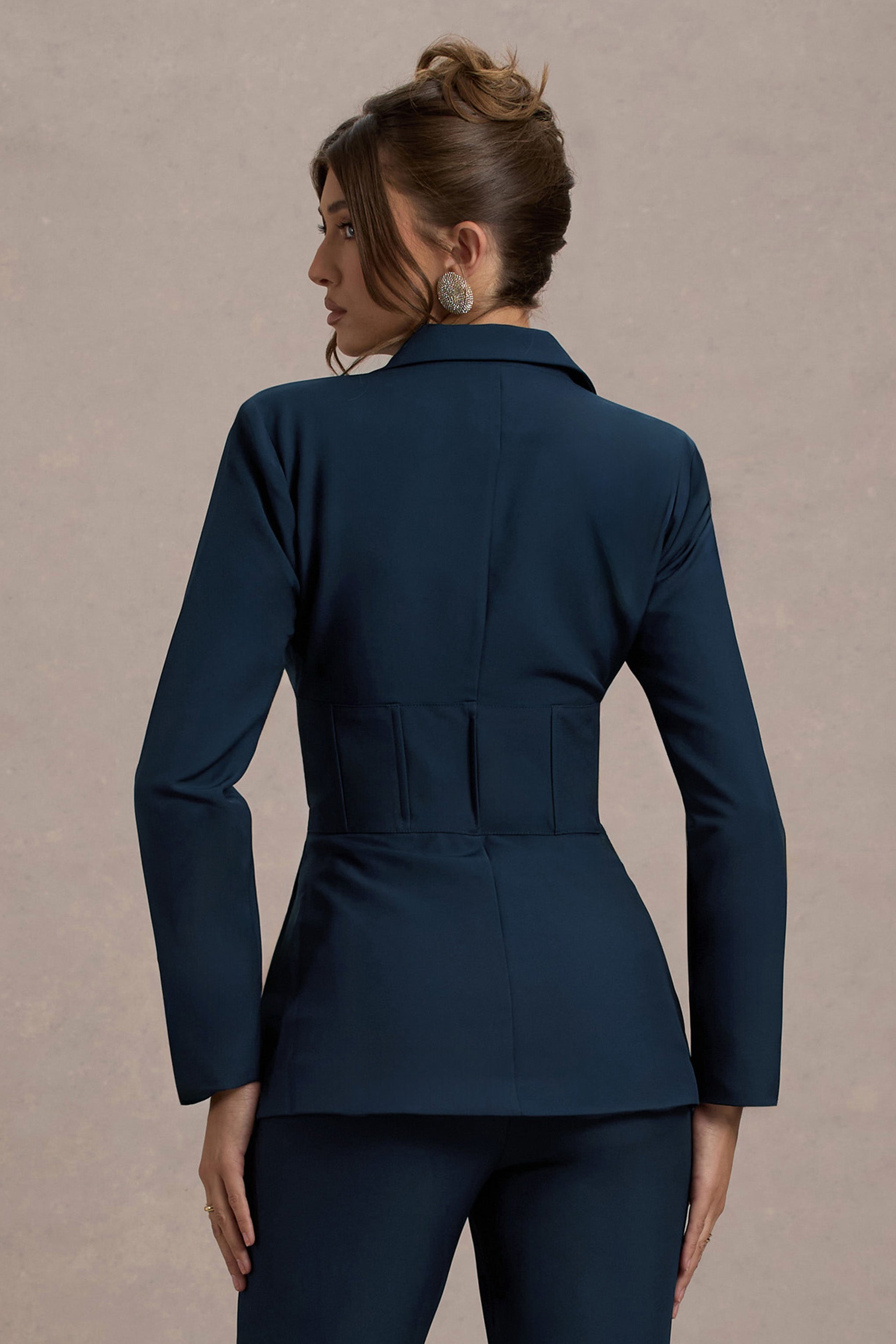 Yenilmez | Lacivert Dar Kesim Korse Blazer Ceket