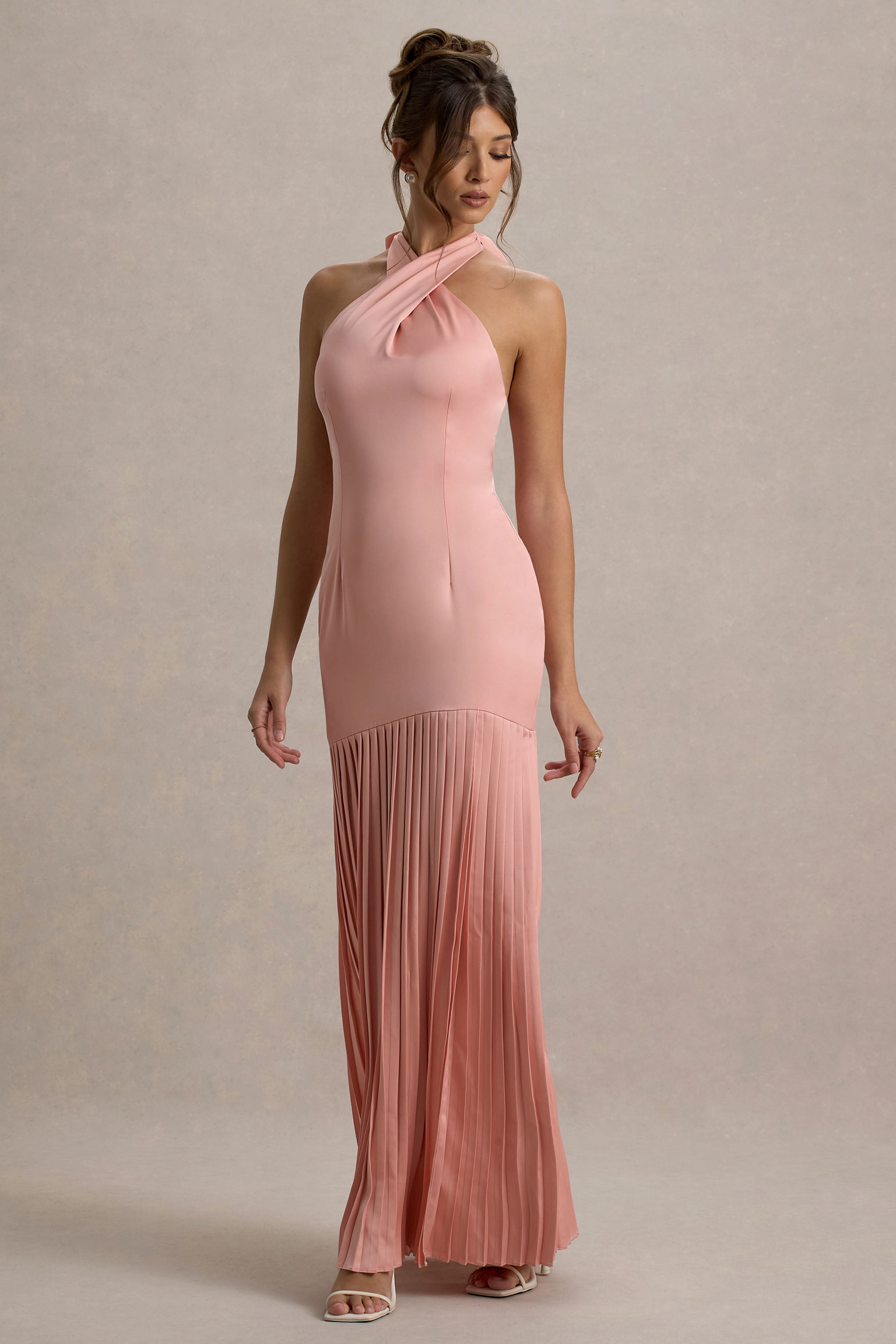 Sansa | Açık Pembe Saten Çapraz Halter Yaka Plise Maxi Elbise