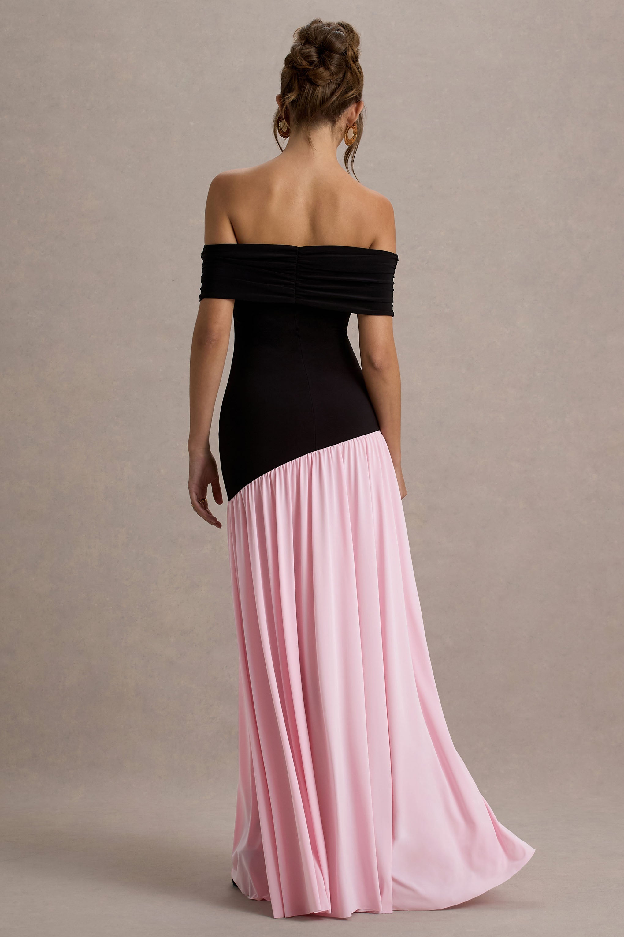 Venezia | Siyah & Pembe Bardot Puff-Etek Maxi Elbise