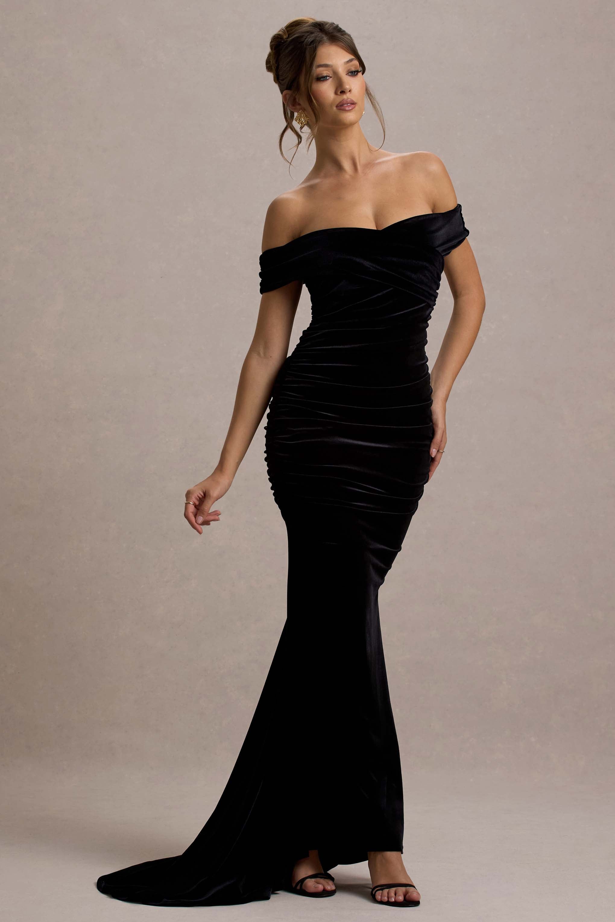 Apolline | Siyah Kadife Off The Shoulder Ruching Fishtail Maxi Elbise